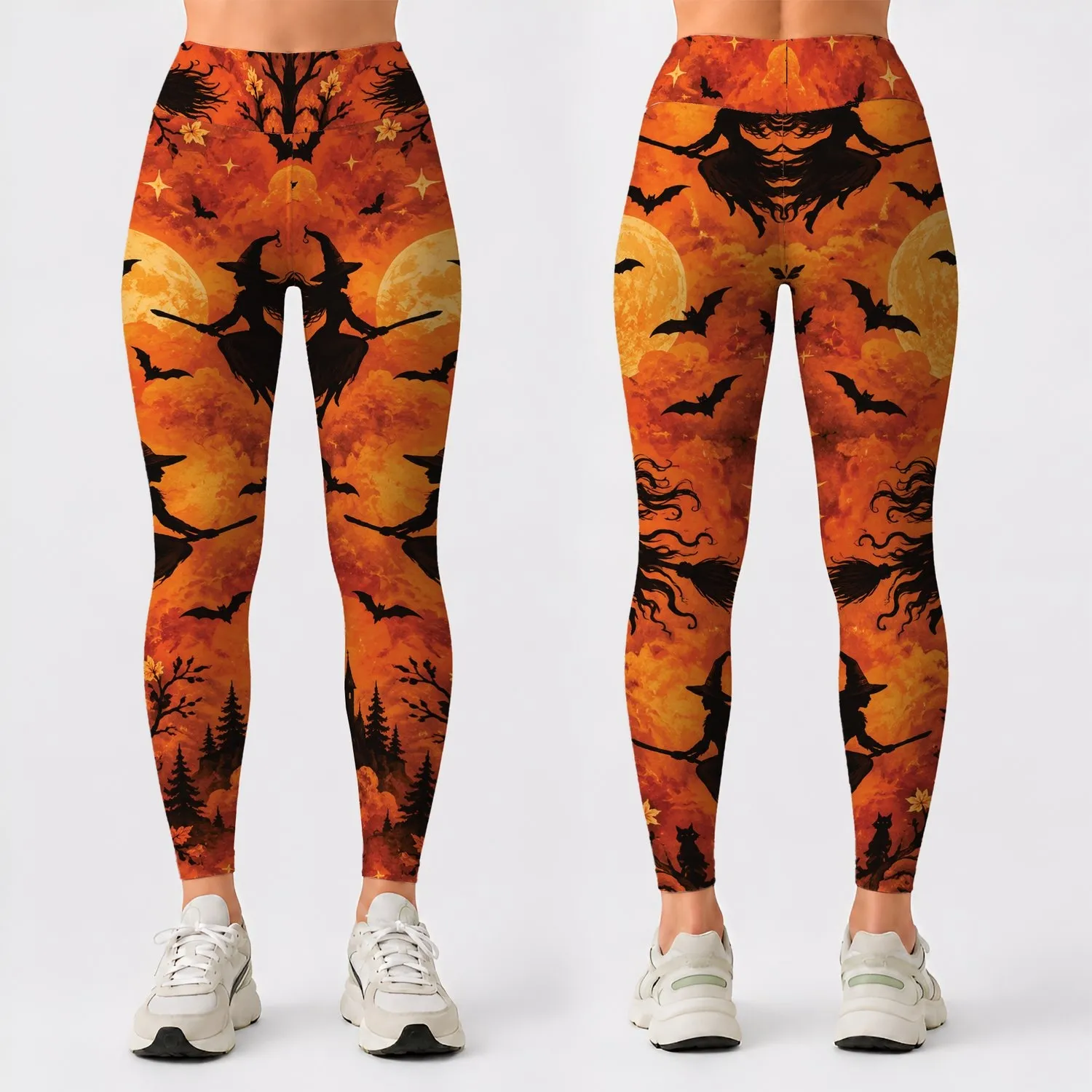 Playful Witch Silhouettes, Black Cats And Moons For Halloween Night Festivities Leggings - 1