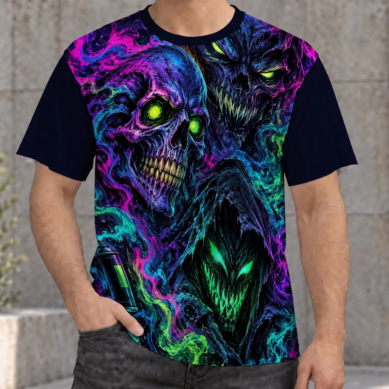 Neon Demon Skull Street Art for Halloween Nights and Alternative Style All-over Print Unisex T-shirt - 1