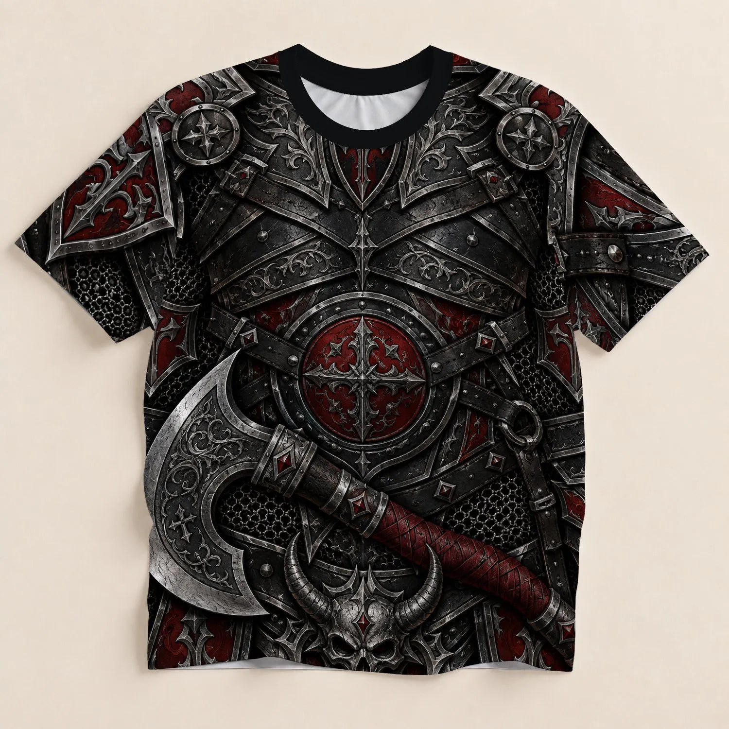 Gothic Knight Armor and Battle Axe for Medieval Fantasy Style Enthusiasts All-over Print Unisex T-shirt - 1