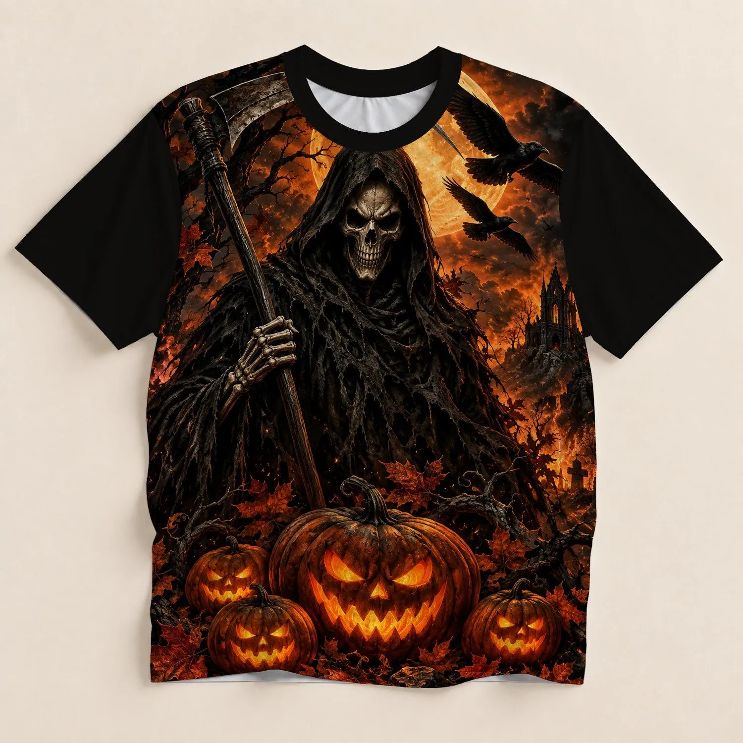 Flaming Grim Reaper and Jack-O'-Lanterns for Spooky Halloween Nights All-over Print Unisex T-shirt - 1