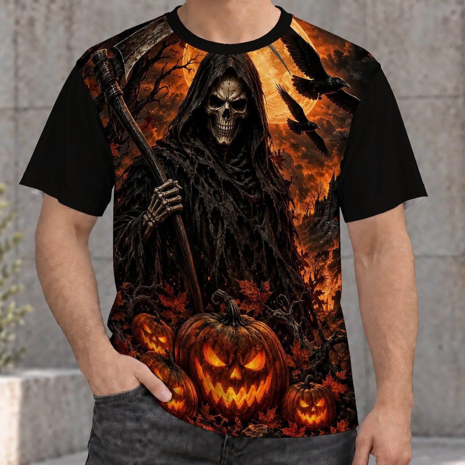 Flaming Grim Reaper and Jack-O'-Lanterns for Spooky Halloween Nights All-over Print Unisex T-shirt - 1