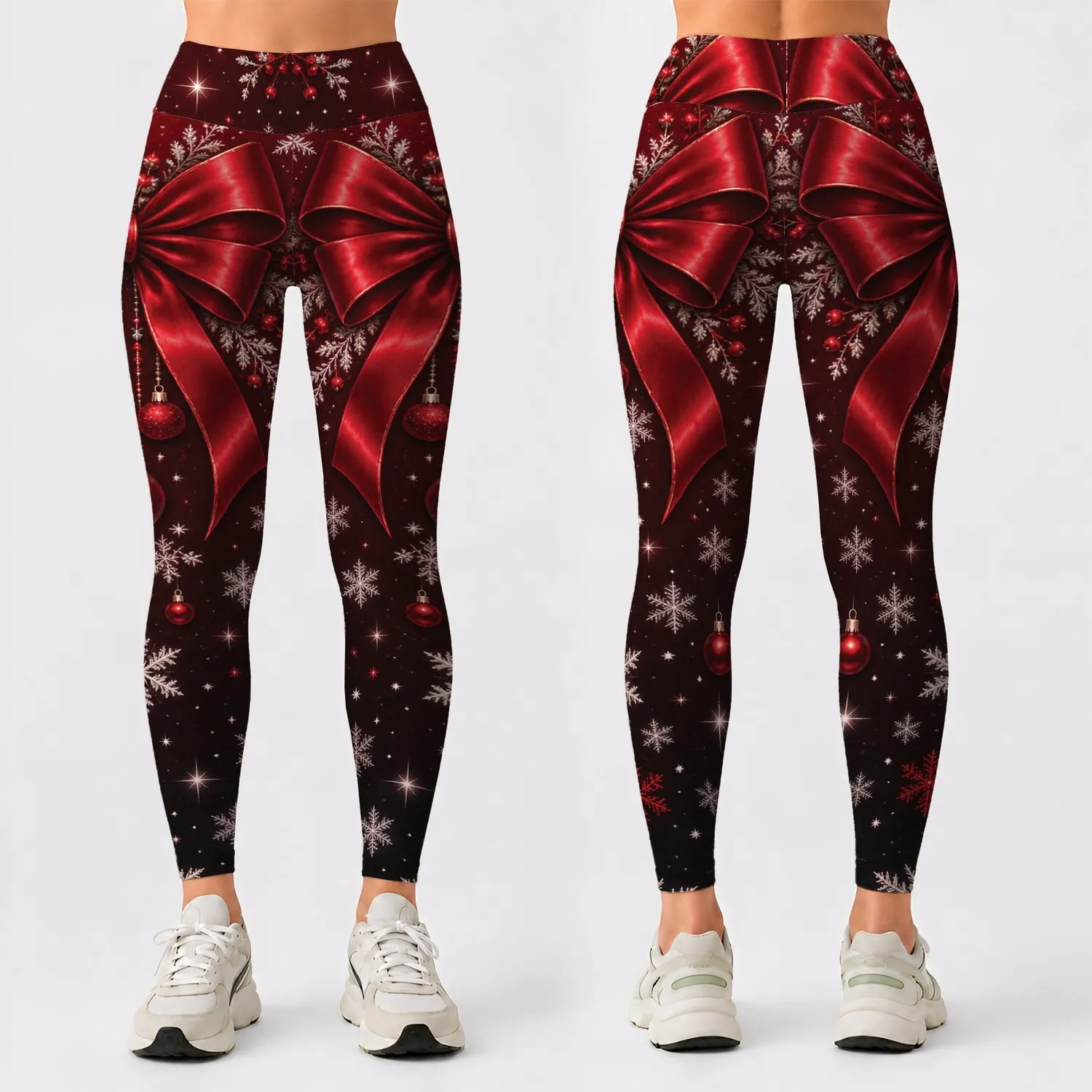 Crimson Bow and Snowflakes for Cozy Christmas Celebrations and Festive Winter Style Leggings - 1