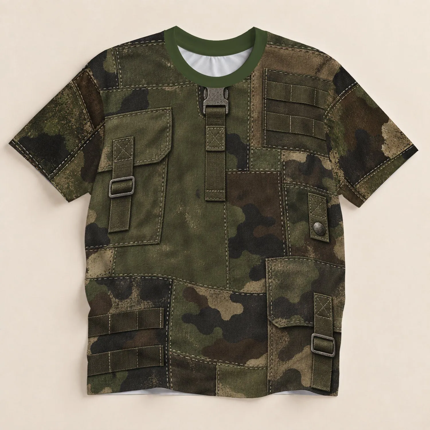 Olive Patchwork Camouflage Utility Style for Outdoors and Everyday Wear All-over Print Unisex T-shirt - 1