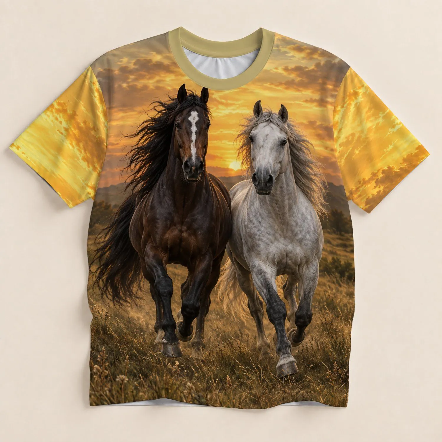 Galloping Horses at Golden Sunset for Equestrian Lovers and Countryside Days All-over Print Unisex T-shirt - 1