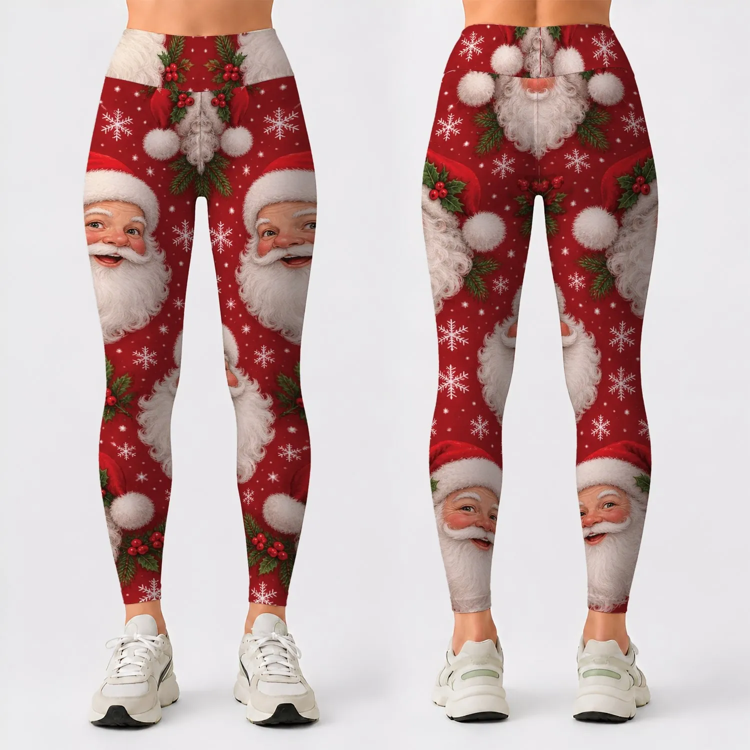Whimsical Santa Faces and Falling Snow for Cozy Christmas Celebrations and Winter Days Leggings - 1