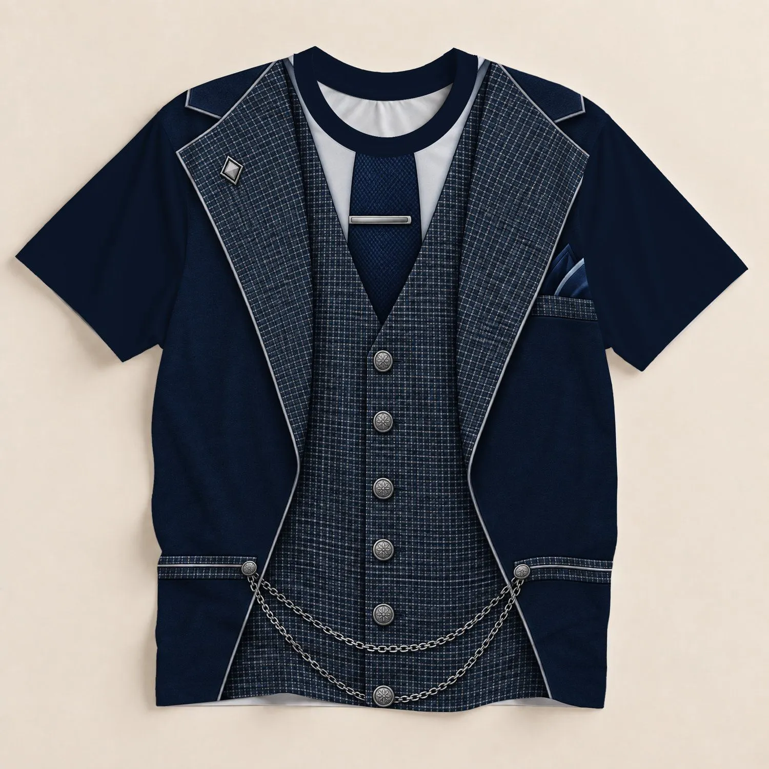 Navy Faux Suit Look with Plaid Waistcoat for Weddings and Parties, Smart Style for Men All-over Print Unisex T-shirt - 1