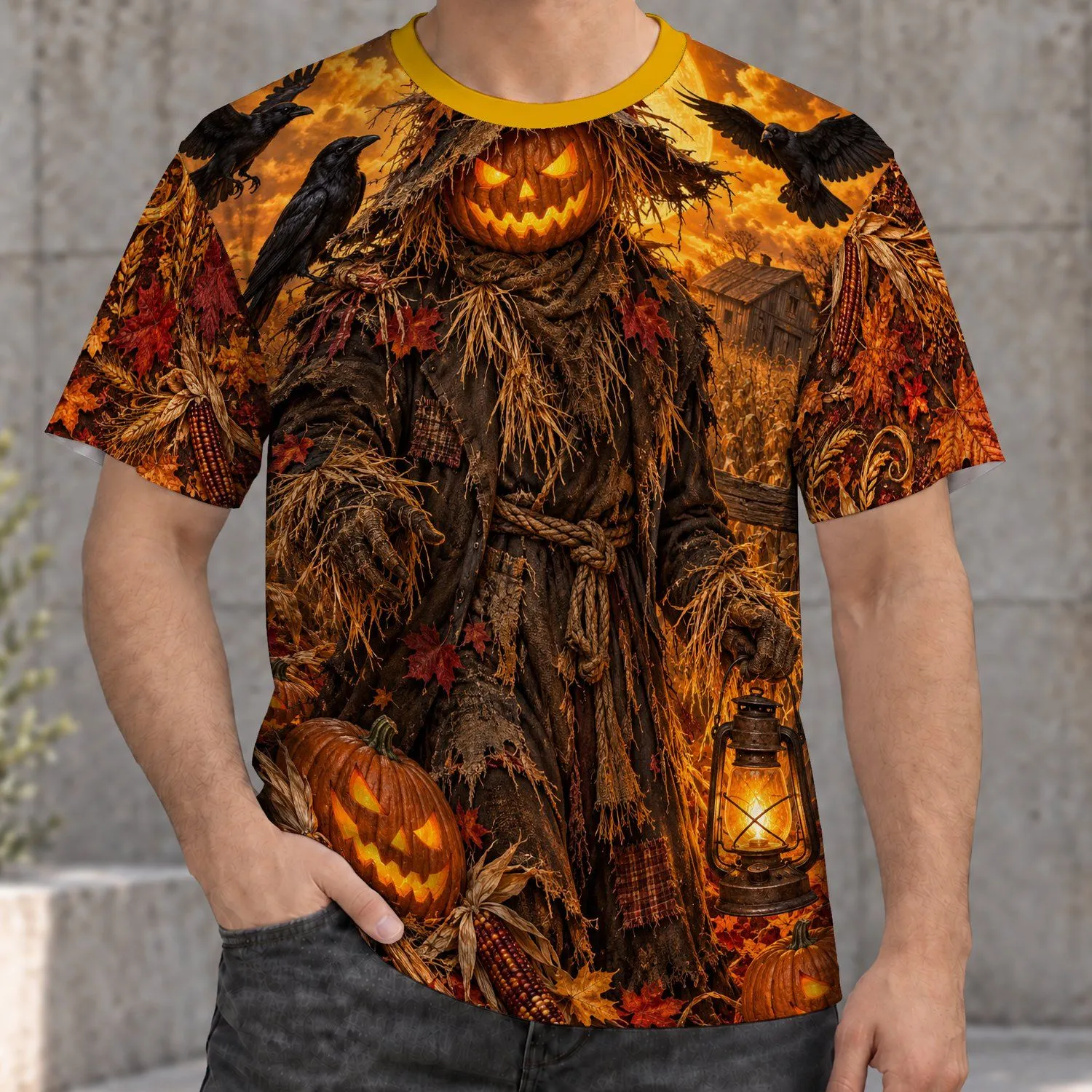 Pumpkin Scarecrow and Ravens for Halloween Night and Autumn Harvest Celebrations All-over Print Unisex T-shirt - 1