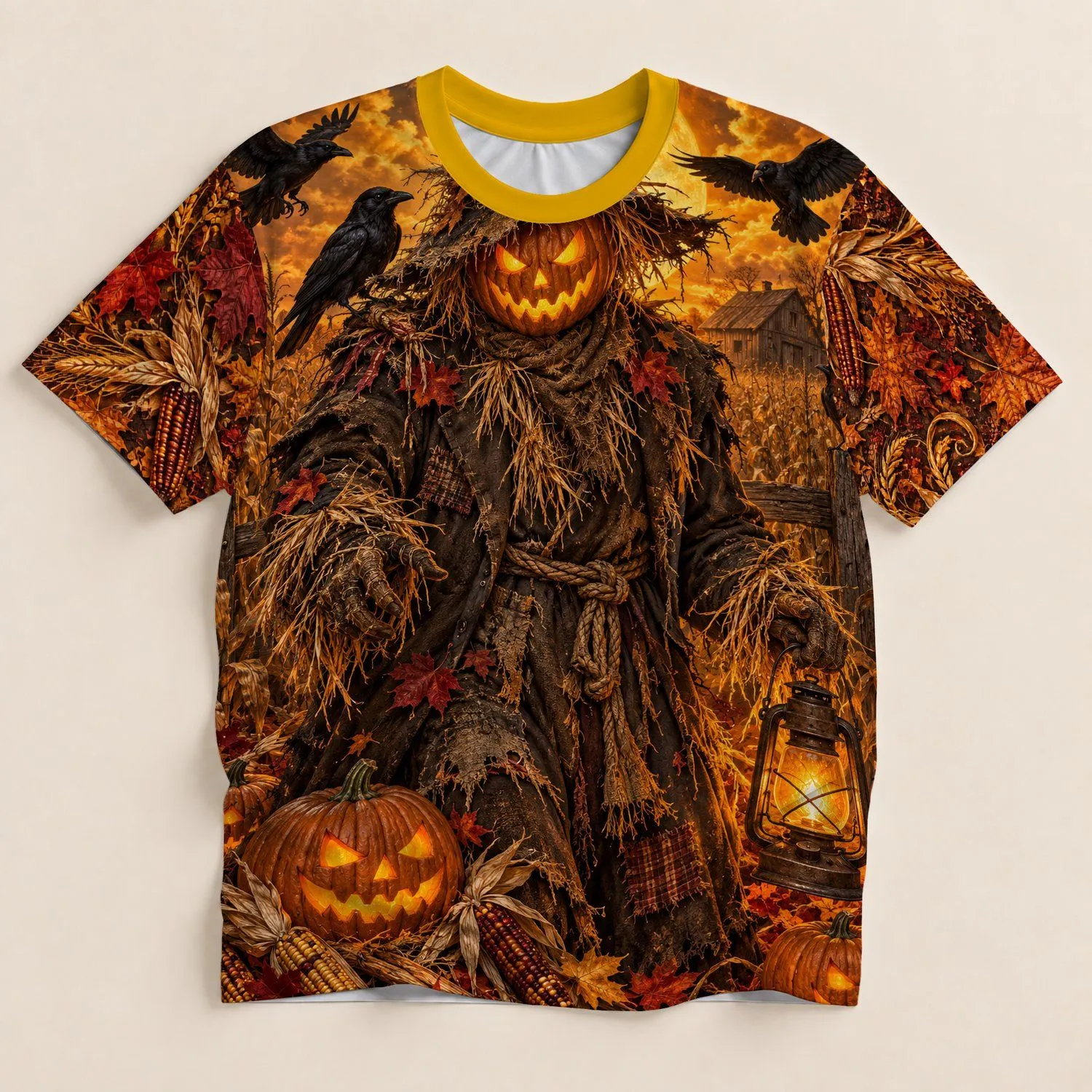 Pumpkin Scarecrow and Ravens for Halloween Night and Autumn Harvest Celebrations All-over Print Unisex T-shirt - 1