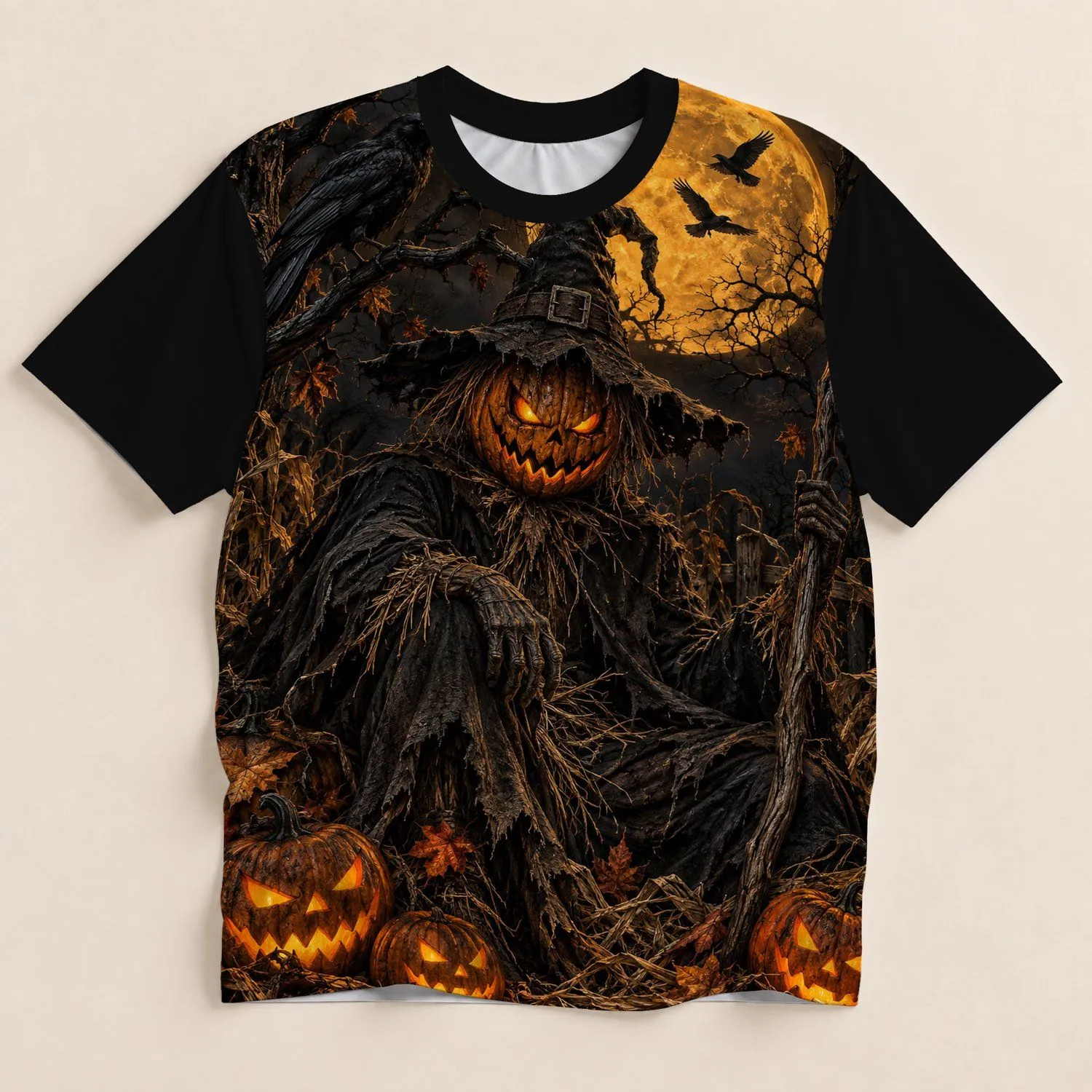 Scarecrow, Raven And Pumpkin Moon Scene For Halloween Night Celebrations All-over Print Unisex T-shirt - 1