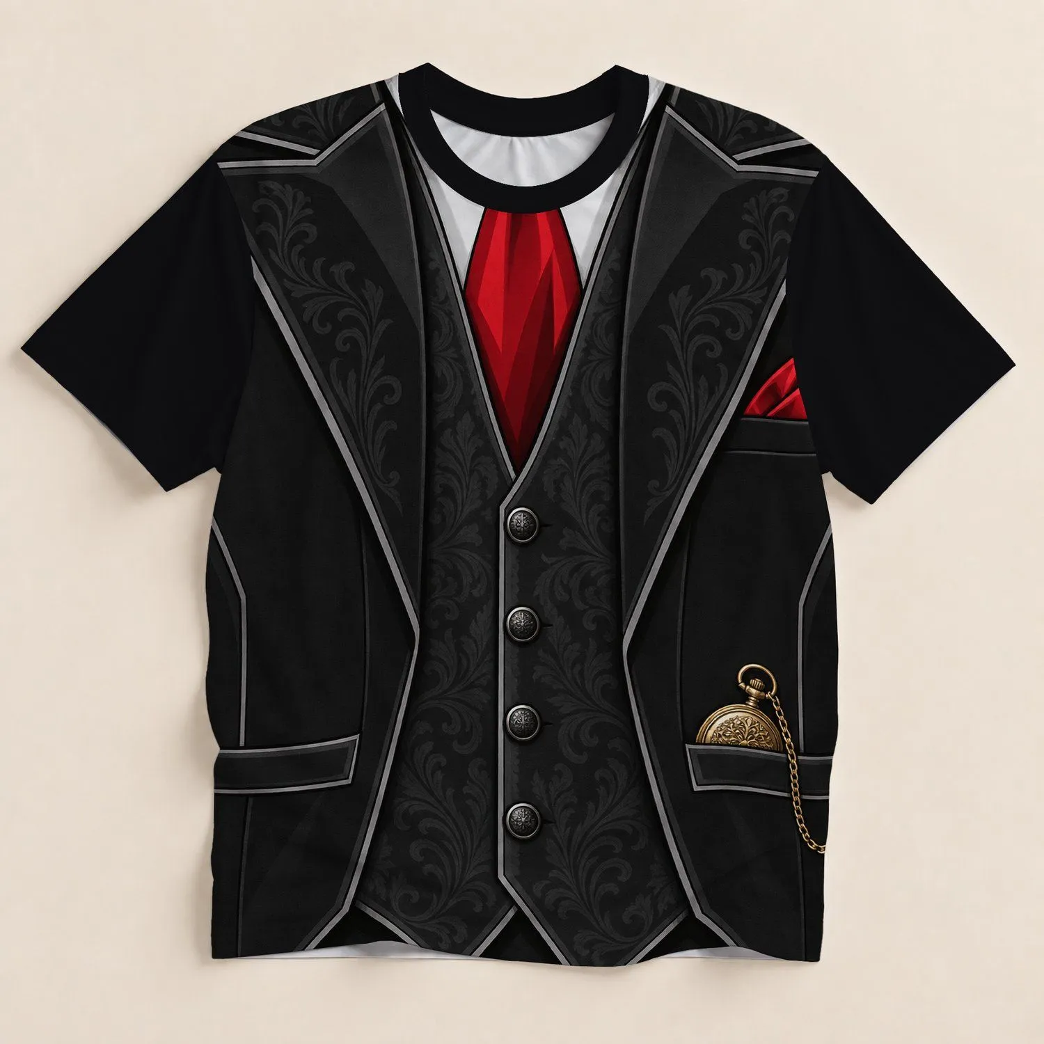 Faux Tuxedo Vest With Red Tie and Pocket Watch for Parties and Dress-Up All-over Print Unisex T-shirt - 1