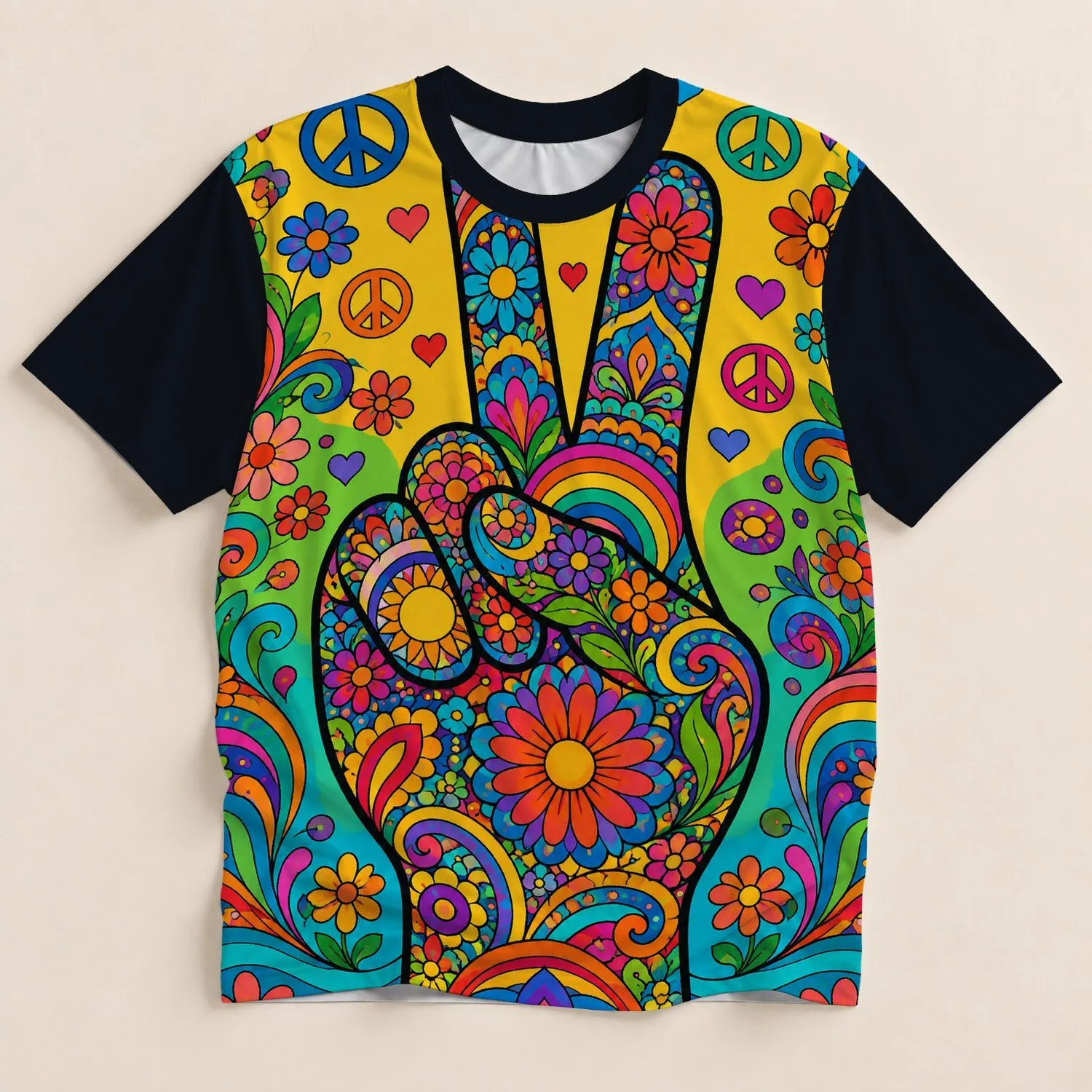 Colorful Victory Hand And Rainbow Flowers For Campus Commutes And Weekend Outings All-over Print Unisex T-shirt - 1