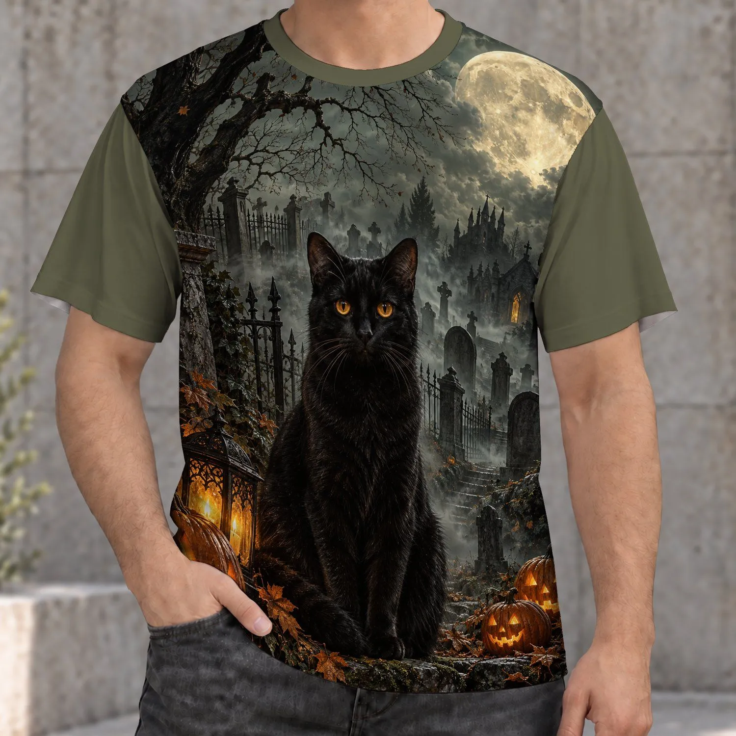 Moonlit Black Cat Cemetery Scene for Halloween Nights and Autumn Gatherings, Unisex All-over Print Unisex T-shirt - 1