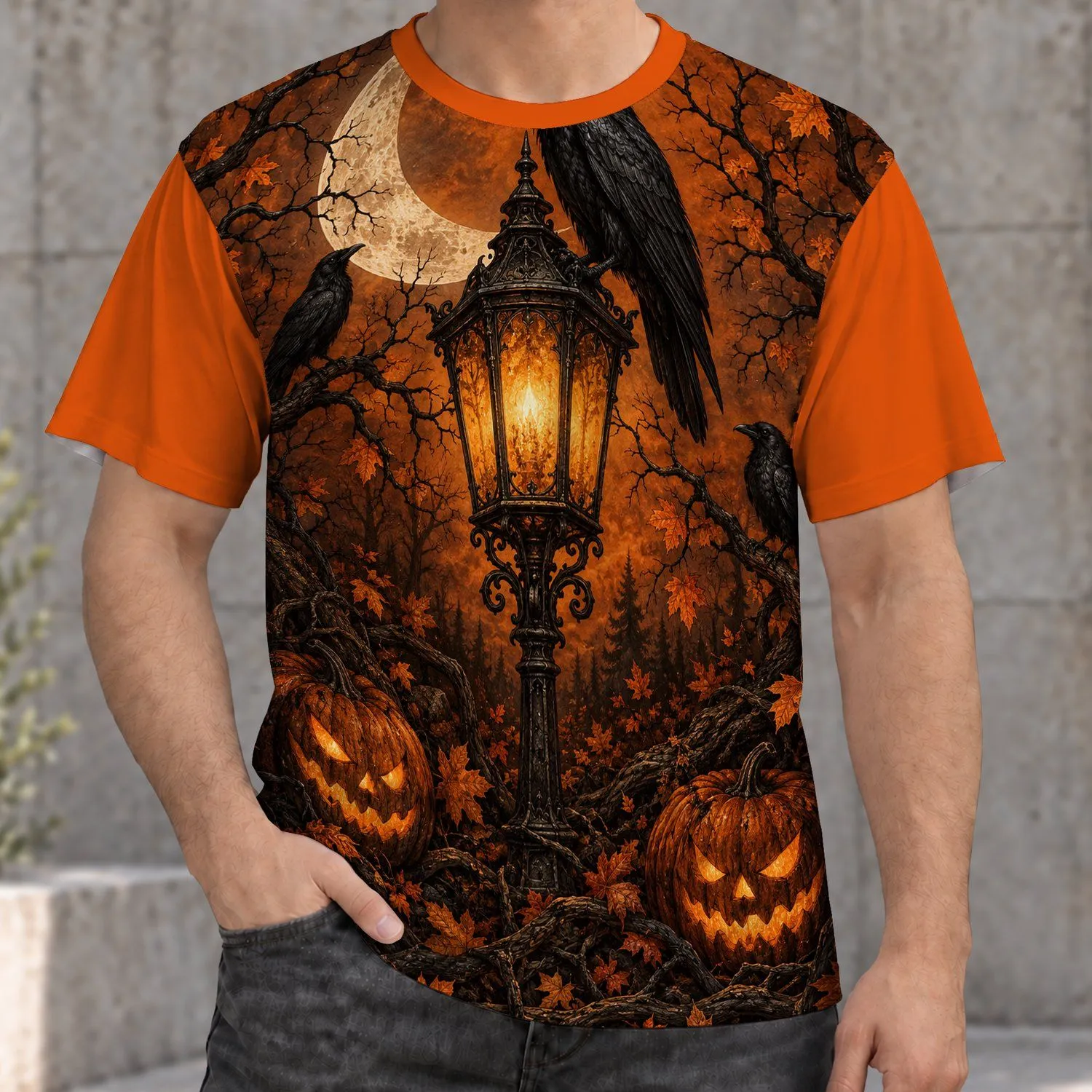 Moonlit Raven And Pumpkin Lantern For Halloween Night All-over Print Unisex T-shirt - 1