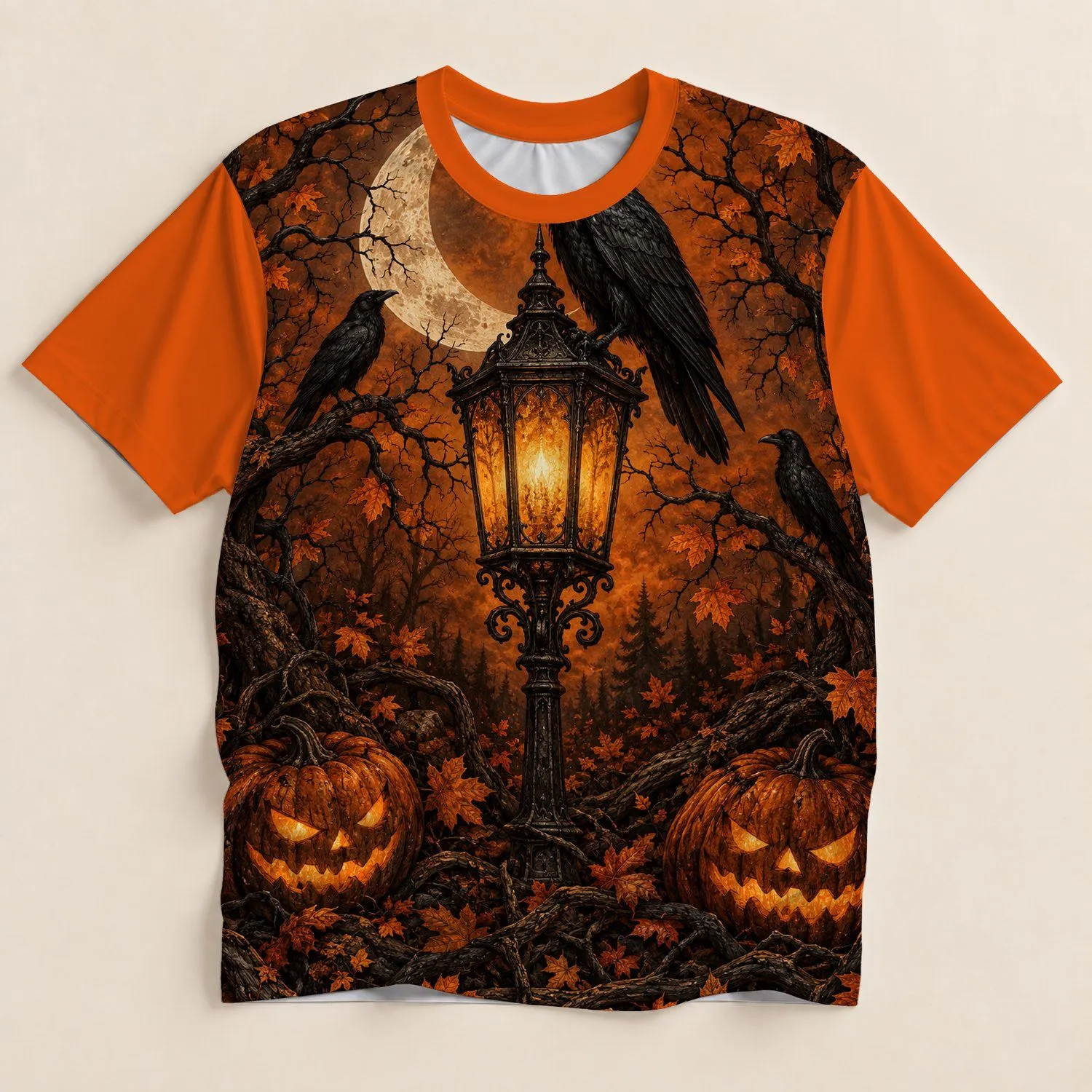 Moonlit Raven And Pumpkin Lantern For Halloween Night All-over Print Unisex T-shirt - 1