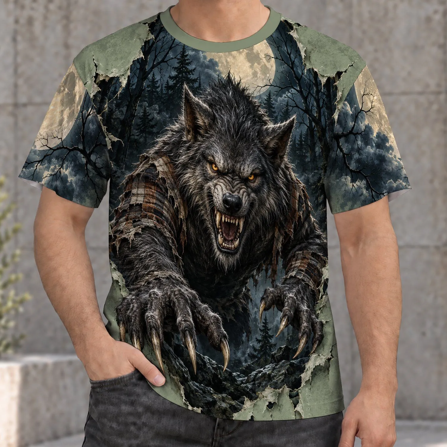 Snarling Werewolf Under Full Moon for Halloween Nights and Gothic Horror Fans All-over Print Unisex T-shirt - 1