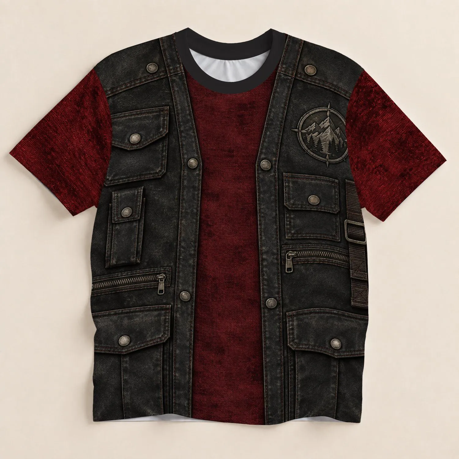 Rugged Faux Utility Vest With Mountain Details for Outdoor Adventure All-over Print Unisex T-shirt - 1