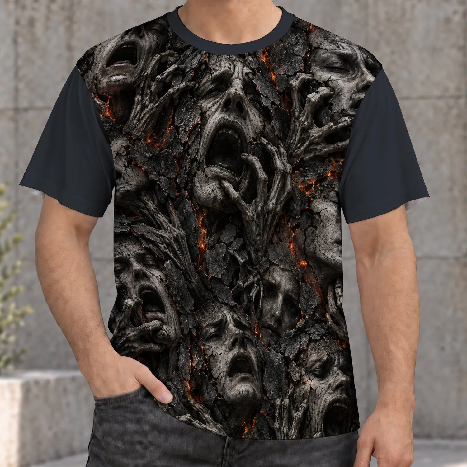 Screaming Faces in Cracked Ashen Stone for Halloween Horror Party Nights All-over Print Unisex T-shirt - 1
