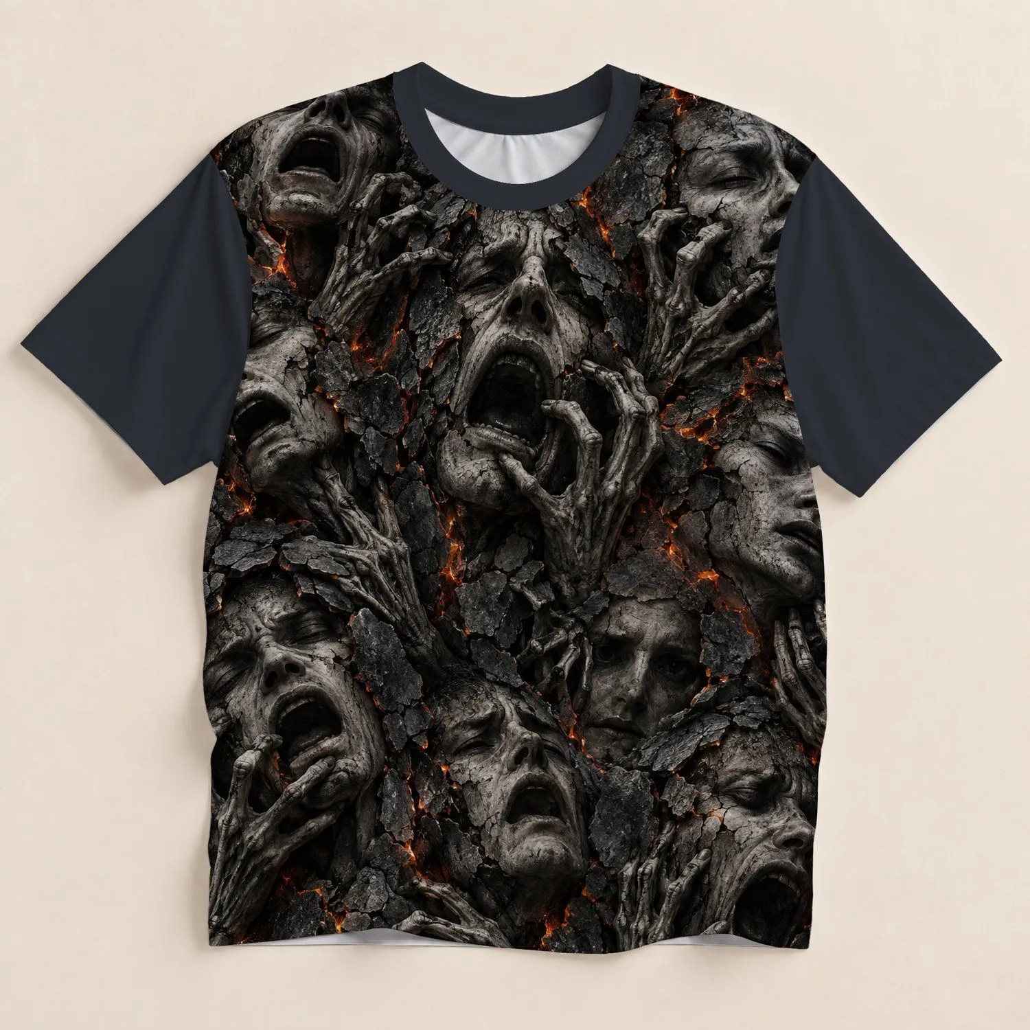 Screaming Faces in Cracked Ashen Stone for Halloween Horror Party Nights All-over Print Unisex T-shirt - 1