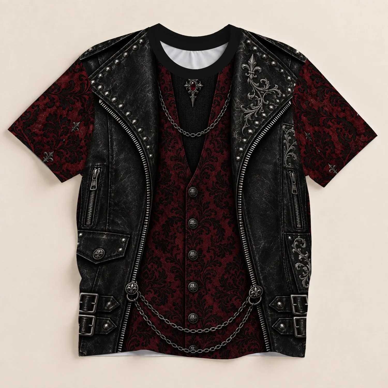 Gothic Studded Vest, Chains and Burgundy Damask for Alternative Concert Night Out All-over Print Unisex T-shirt - 1