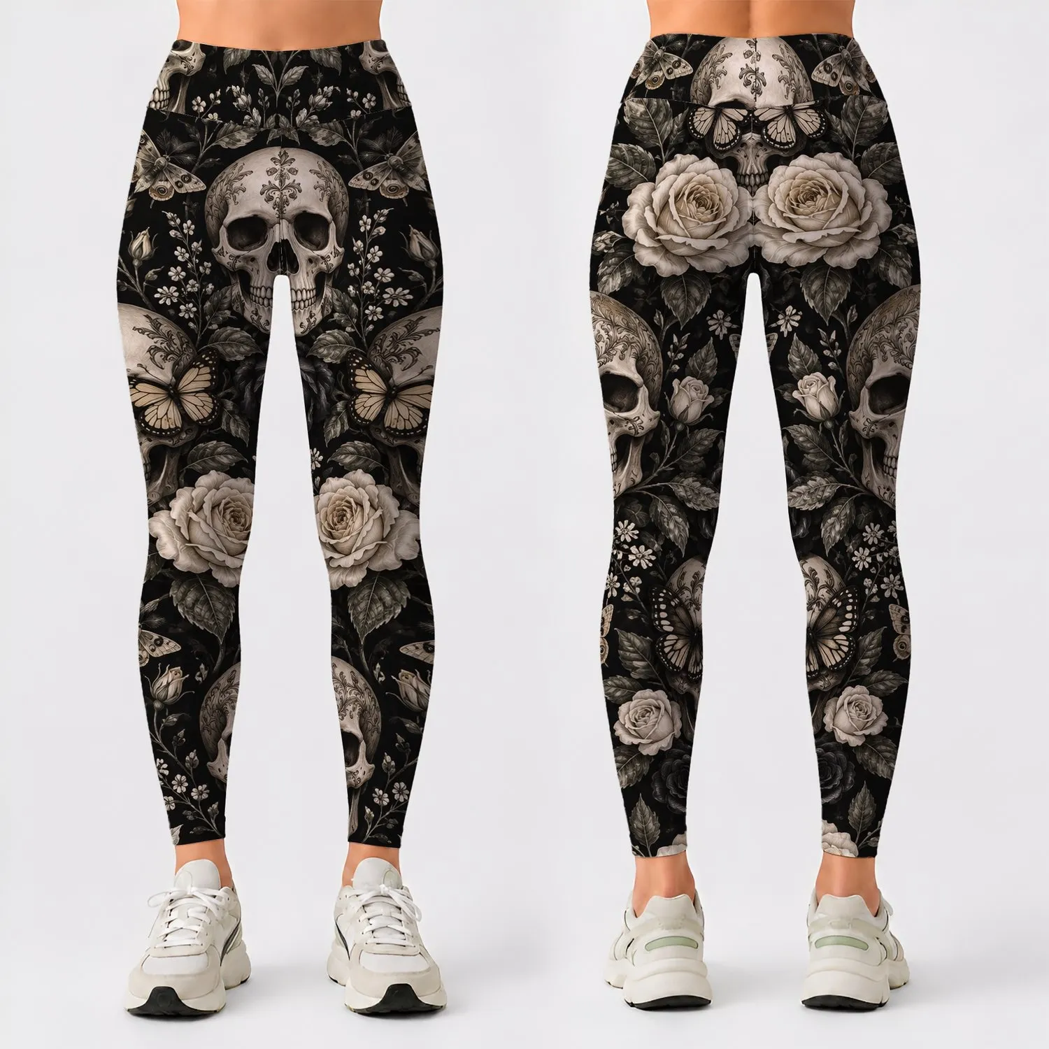 Skull Rose Butterfly Gothic Style for Halloween Parties and Spooky Season Leggings - 1