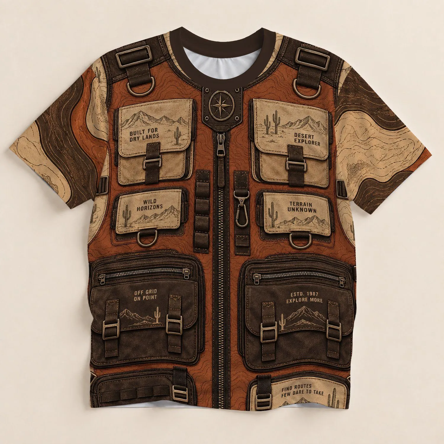 Desert Explorer Vest Details for Hiking, Camping and Outdoor Adventure All-over Print Unisex T-shirt - 1