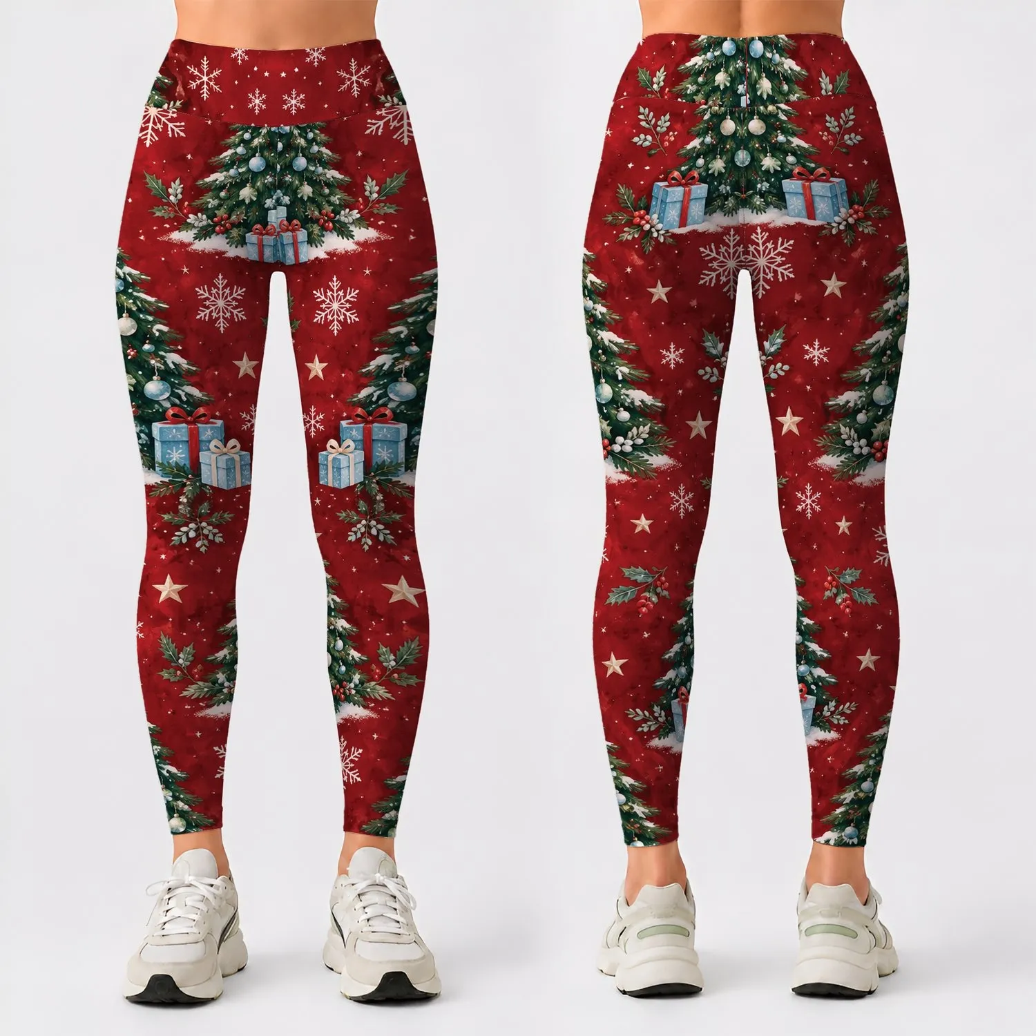 Red Christmas Trees and Snowflakes for Festive Winter Celebrations and Cozy Holiday Style Leggings - 1
