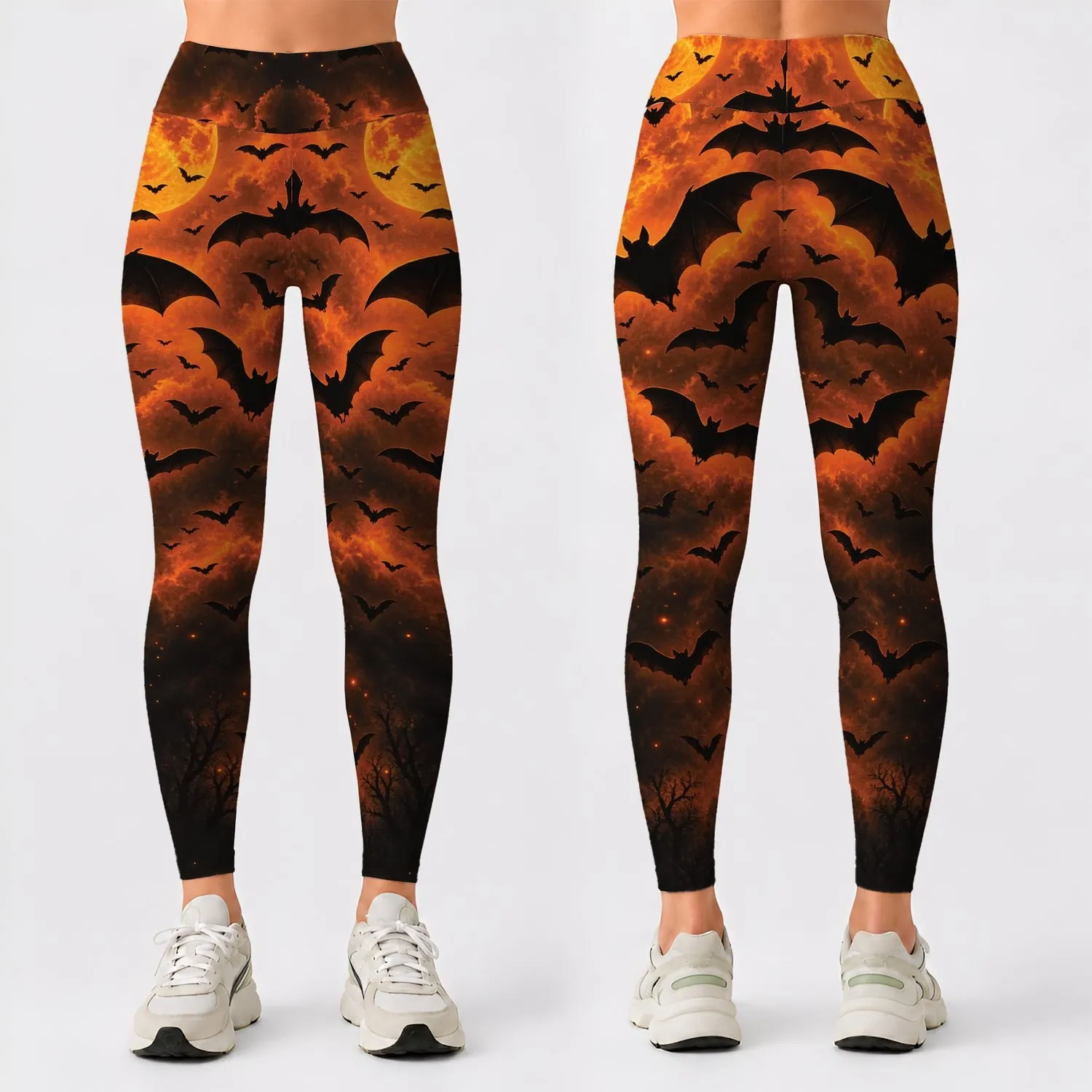 Flying Bats and Pumpkin Glow for Halloween Nights and Everyday Autumn Style for Women Leggings - 1