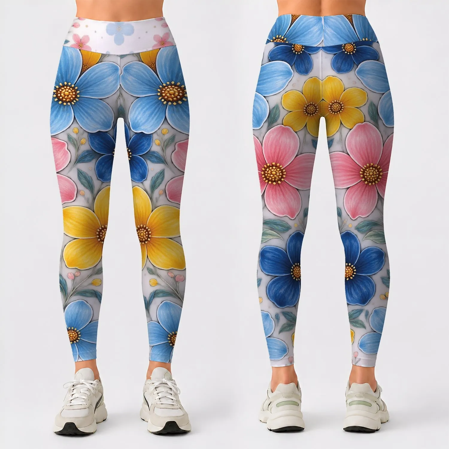 Colorful Cartoon Flowers for Cozy Everyday Outfits and Cheerful Casual Style Leggings - 1