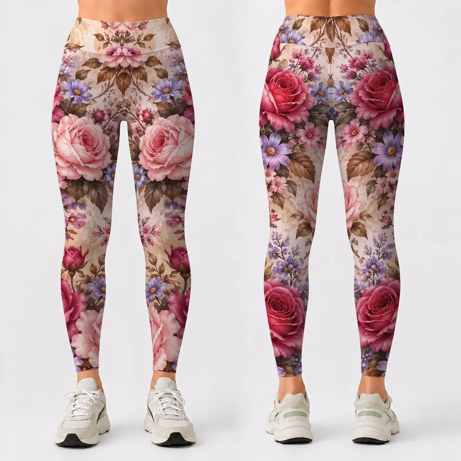 Romantic Pink Rose and Lavender Garden Blooms for Casual Everyday Style Leggings - 1
