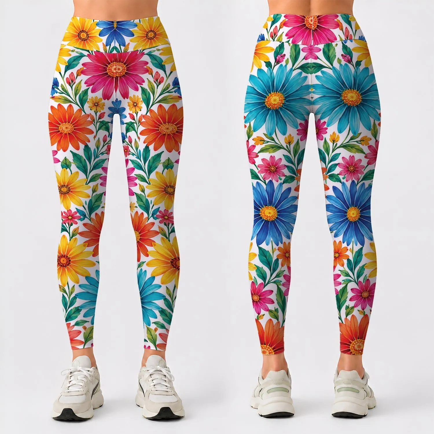 Vibrant Rainbow Daisy Blooms for Sunny Getaways and Relaxed Everyday Women's Style Leggings - 1