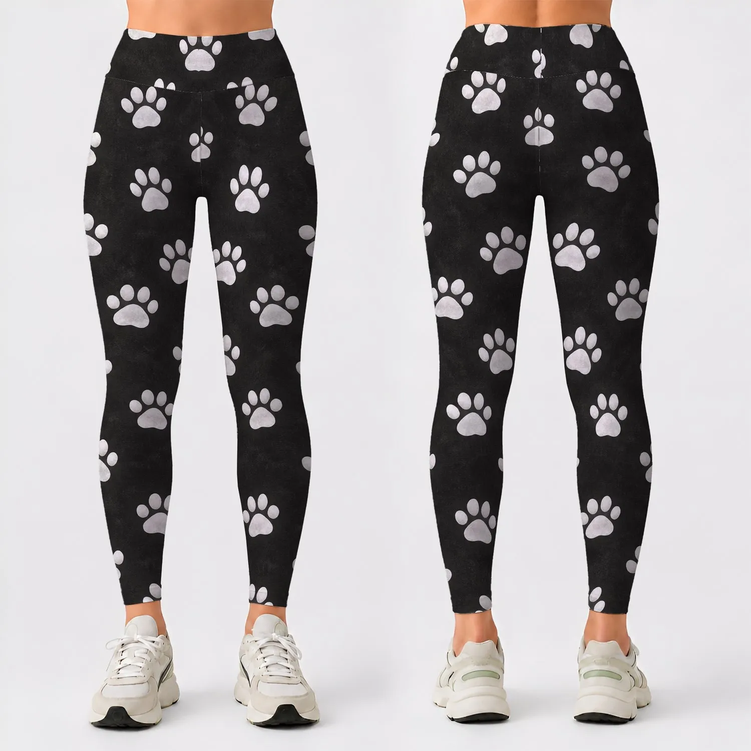 White Paw Motifs on Charcoal for Everyday Pet Lover Adventures and Spring Outings Leggings - 1