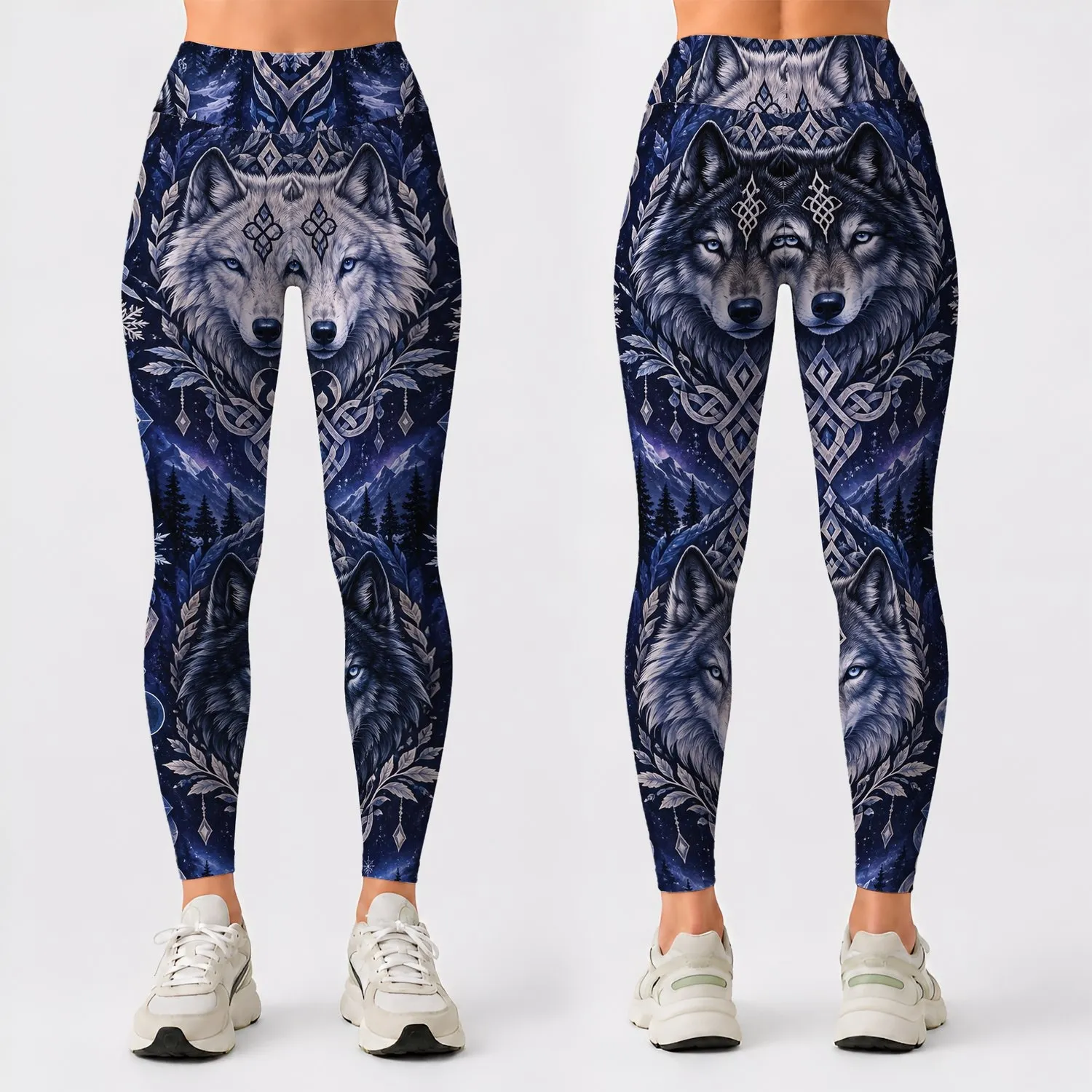 Norse Wolf Totem Motifs for Nordic Getaways and Everyday Outdoor Adventure Style Leggings - 1