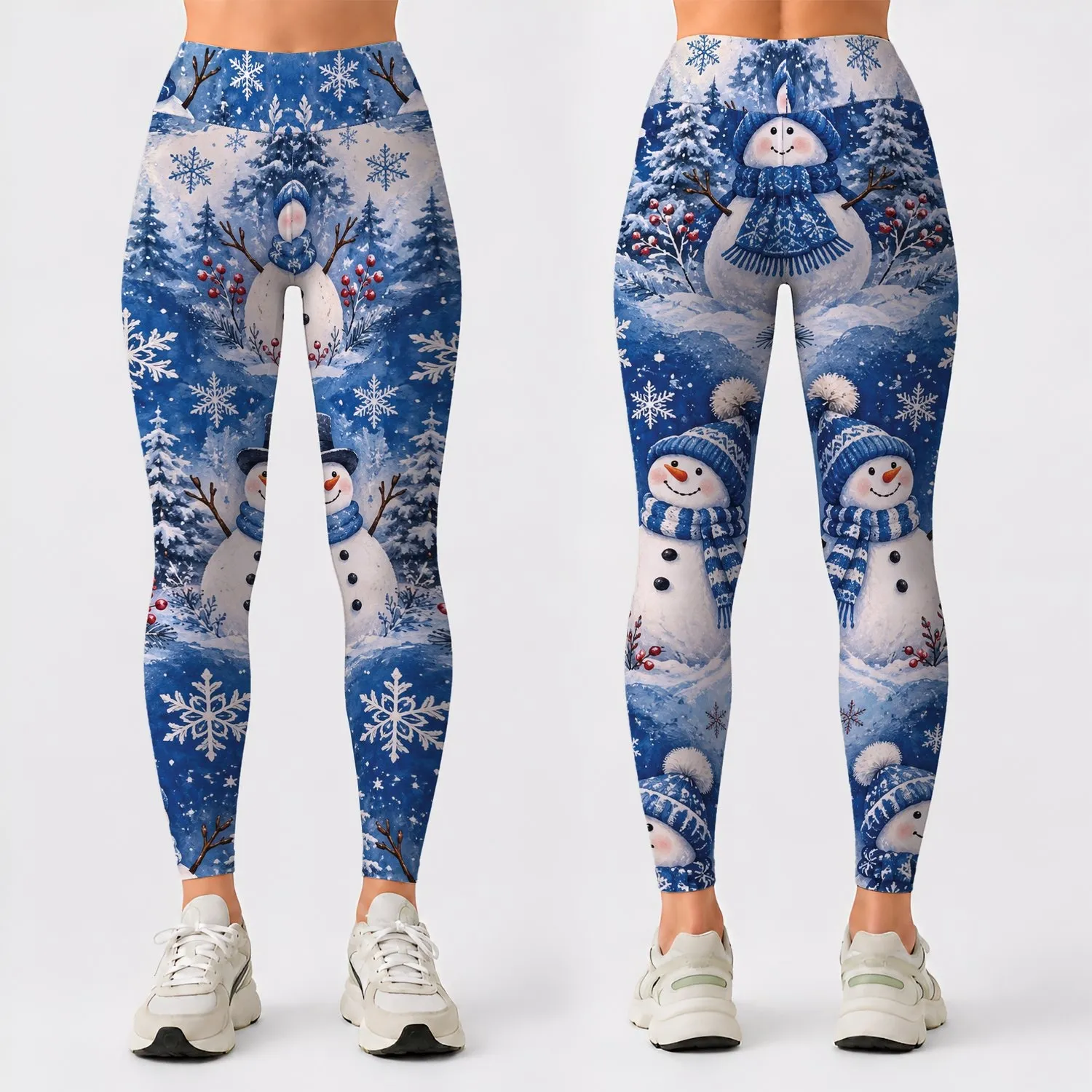 Blue Snowmen And Ivory Snowflakes For Cozy Christmas Holiday Celebrations All Winter Long Leggings - 1