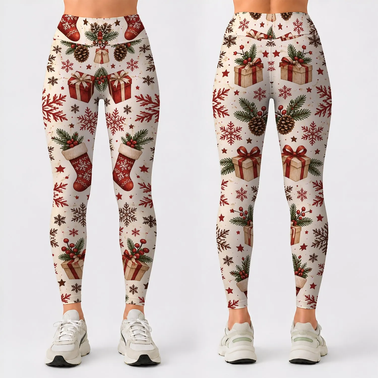 Rust Red Snowflakes and Holiday Icons for Cozy Christmas Celebrations and Winter Outfits Leggings - 1