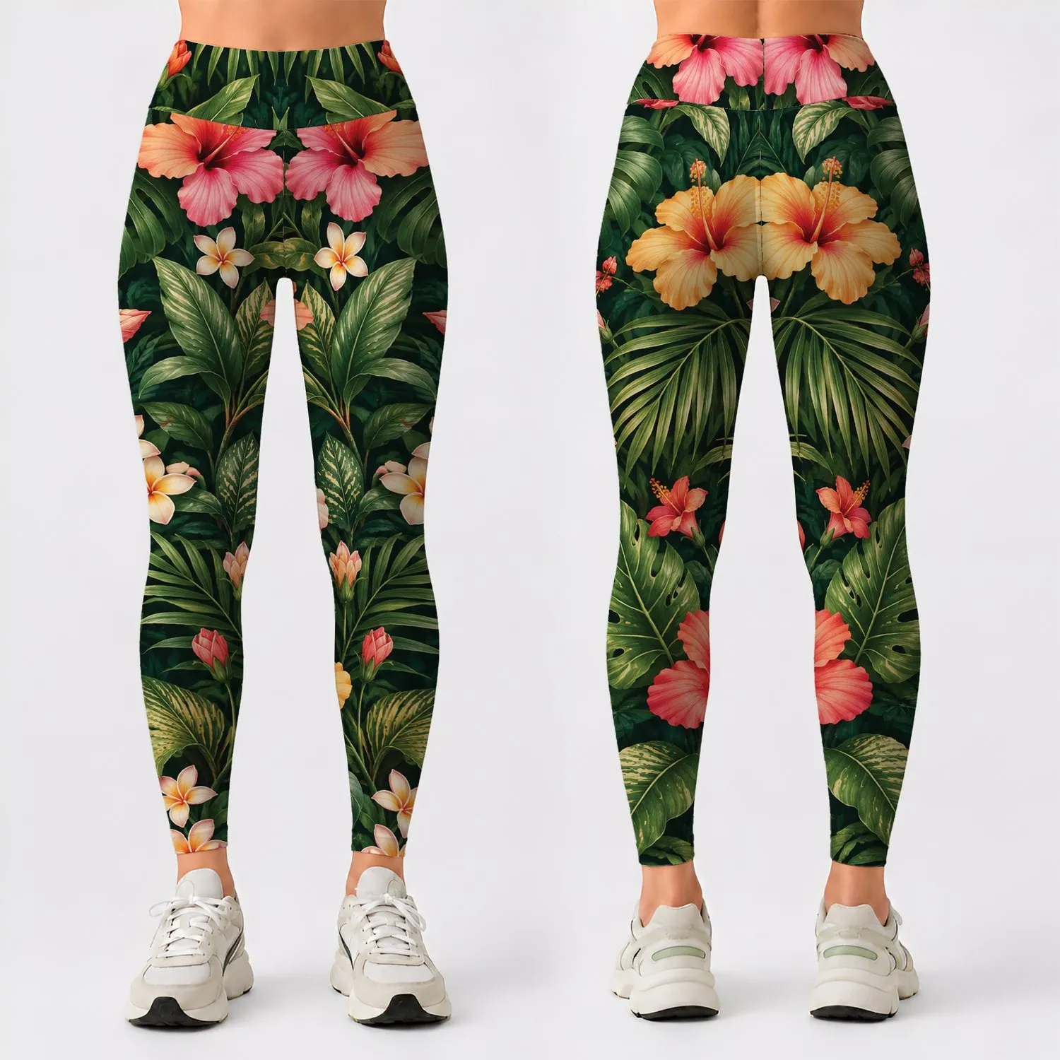 Tropical Hibiscus And Palm Leaves For Vacation Style And Sunny Getaways Leggings - 1