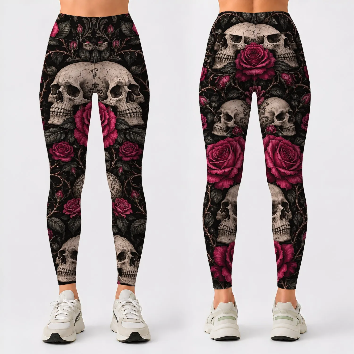Gothic Skulls And Roses For Halloween, Dark Romantic Style And Year-Round Wear Leggings - 1