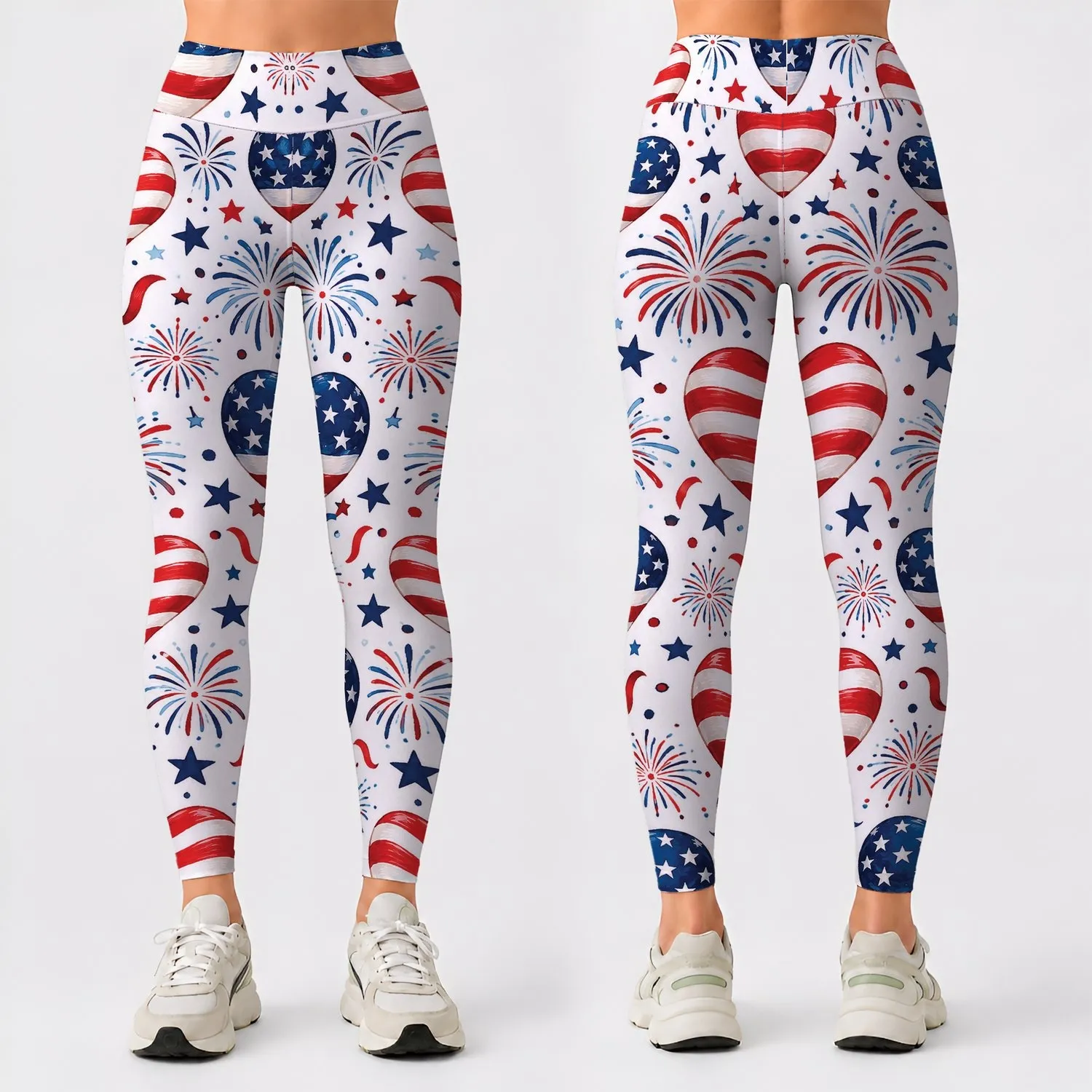 Patriotic Flag Hearts And Fireworks For Fourth Of July Celebrations And Summer Picnics Leggings - 1