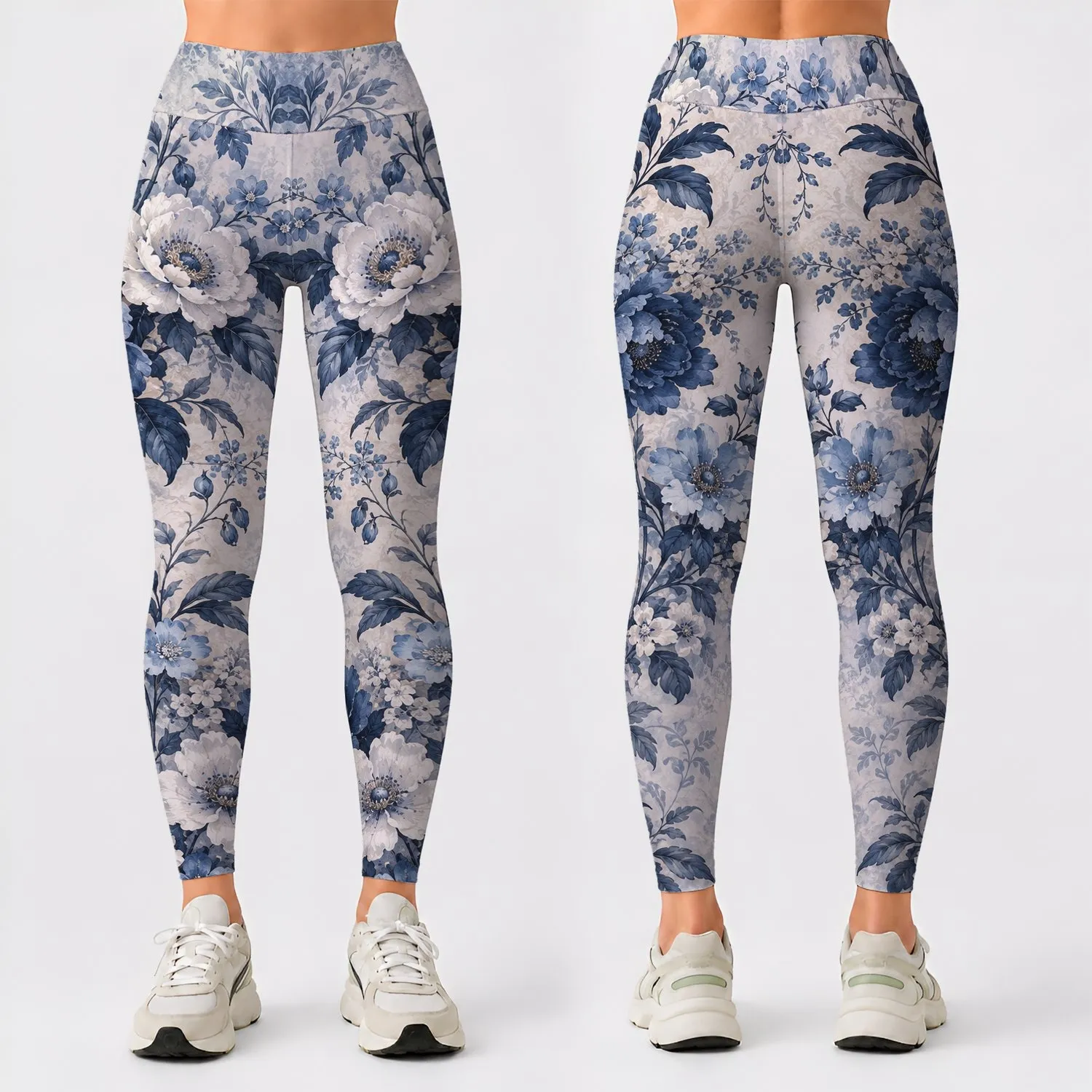 Blue and Ivory Vintage Botanical Florals for Relaxed Coastal Weekend Style for Women Leggings - 1