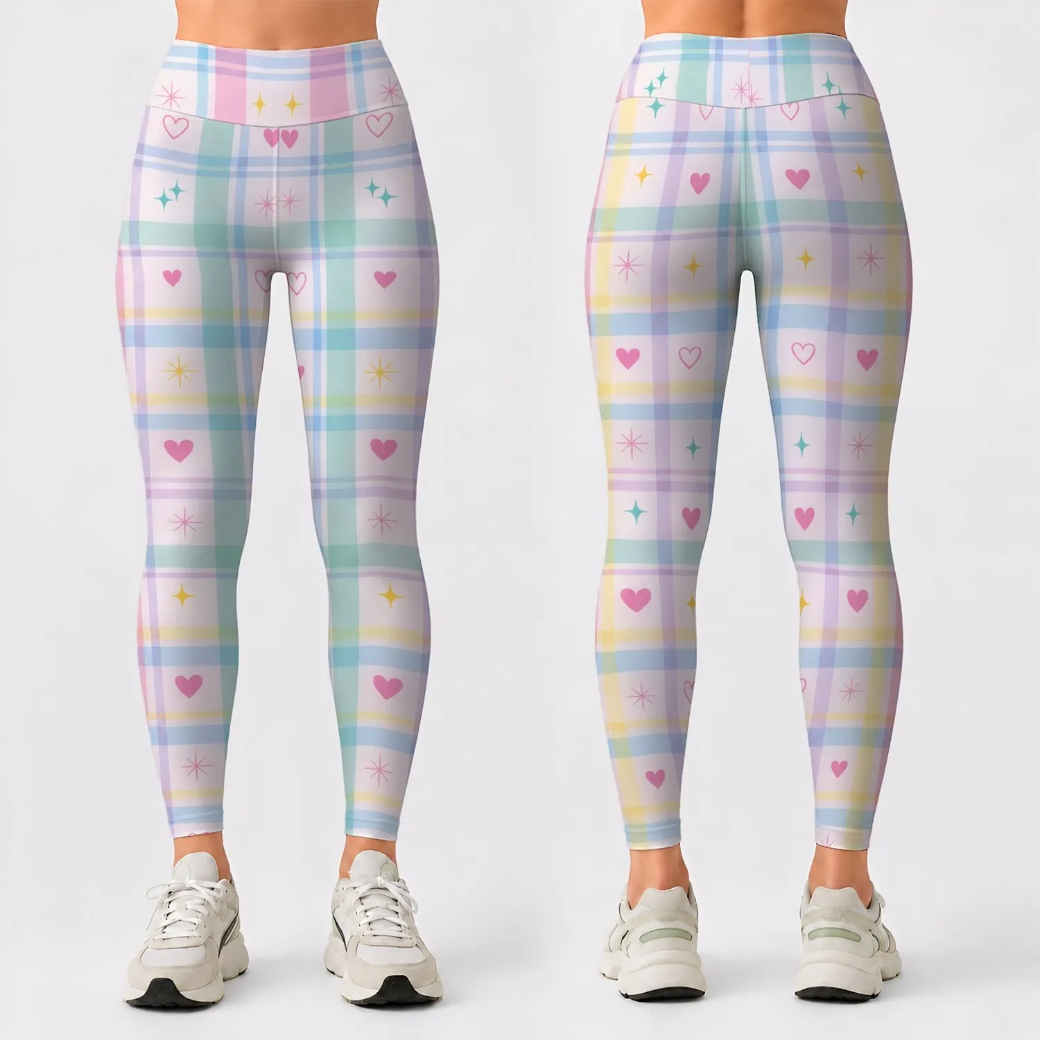 Pastel Tartan Hearts and Stars for Sweet Casual Everyday Style Leggings - 1