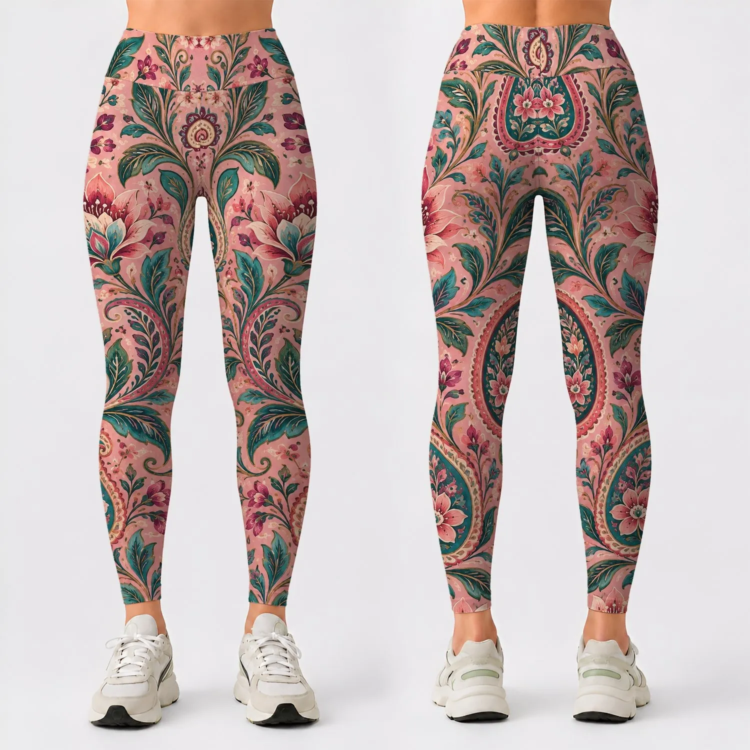 Pink Paisley Floral Motifs for Yoga, Travel, and Everyday Bohemian Lifestyle Wear Leggings - 1