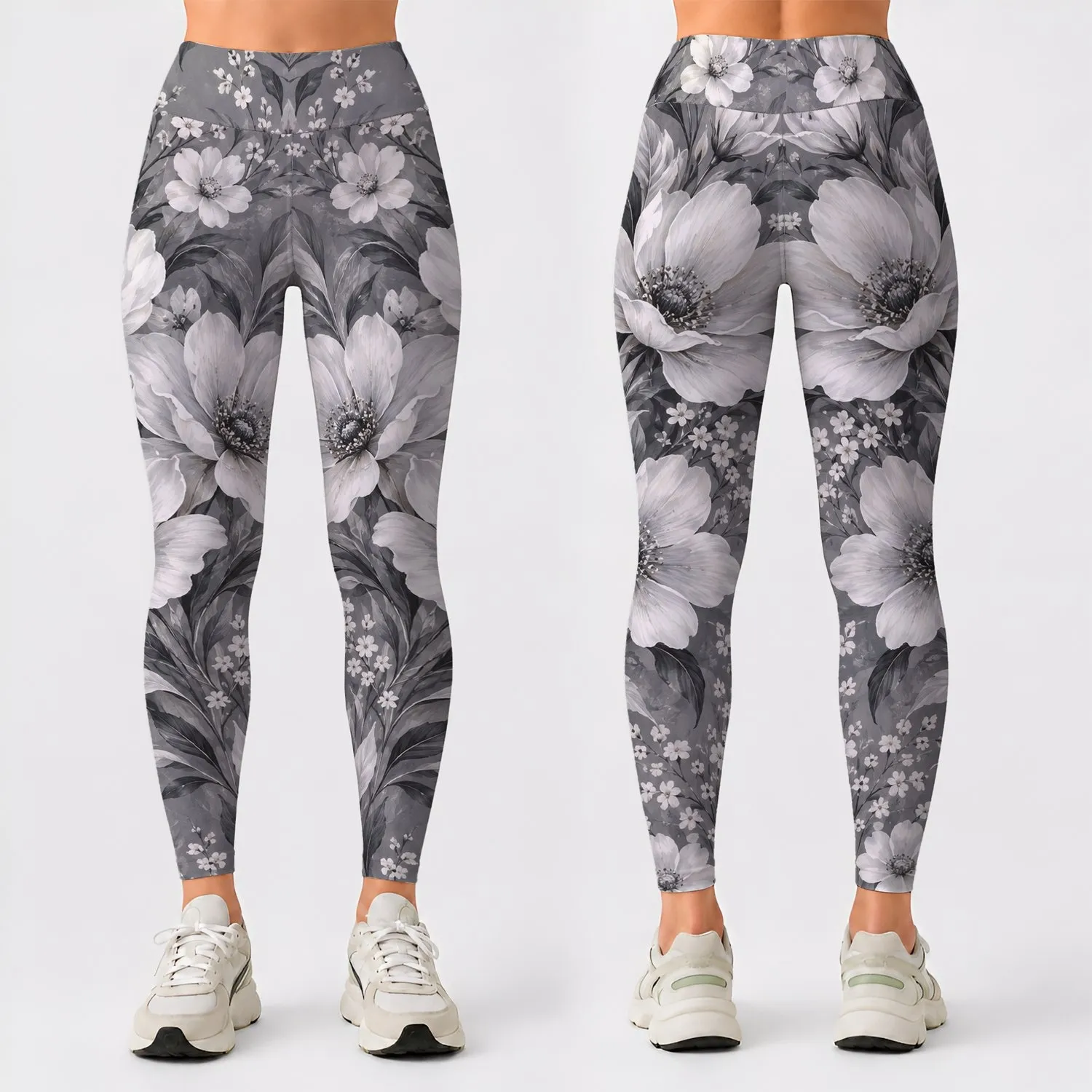Silver Gray Wildflower Florals for Coastal Weekends and Everyday Relaxed Lifestyle Leggings - 1