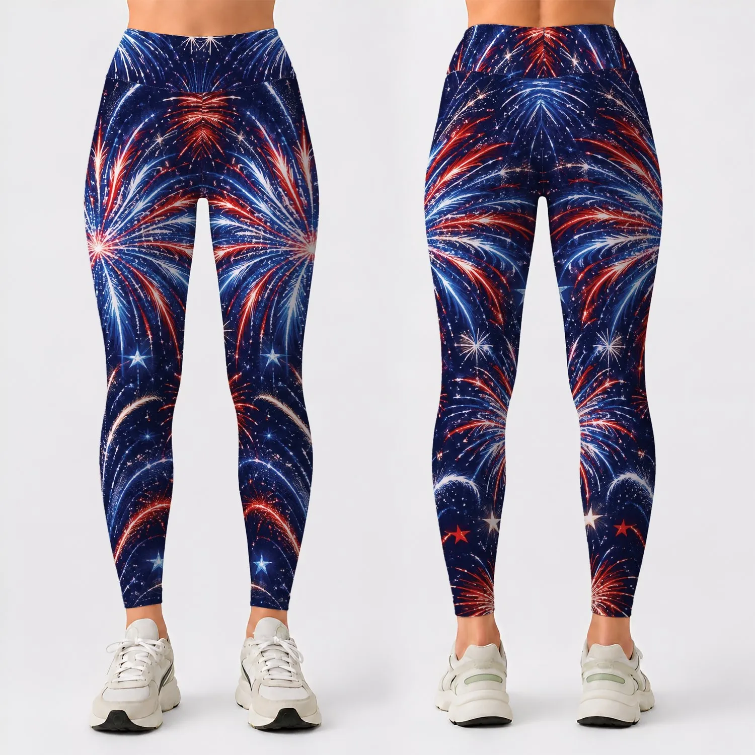 Red White Blue Fireworks for Fourth of July Celebrations and Summer Parties Leggings - 1
