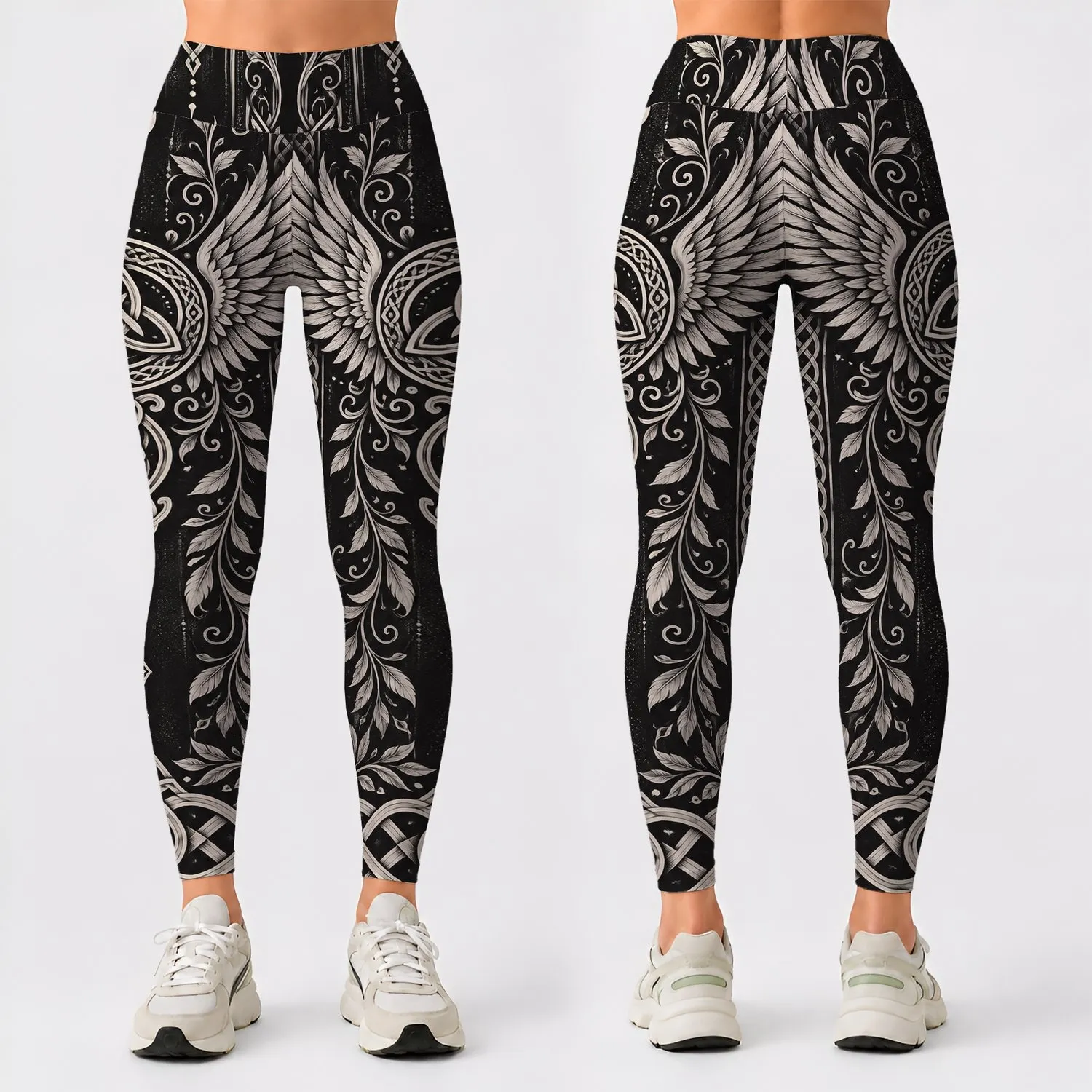 Monochrome Winged Celtic Knot Emblem for Yoga, Festivals, and Everyday Bohemian Wear Leggings - 1