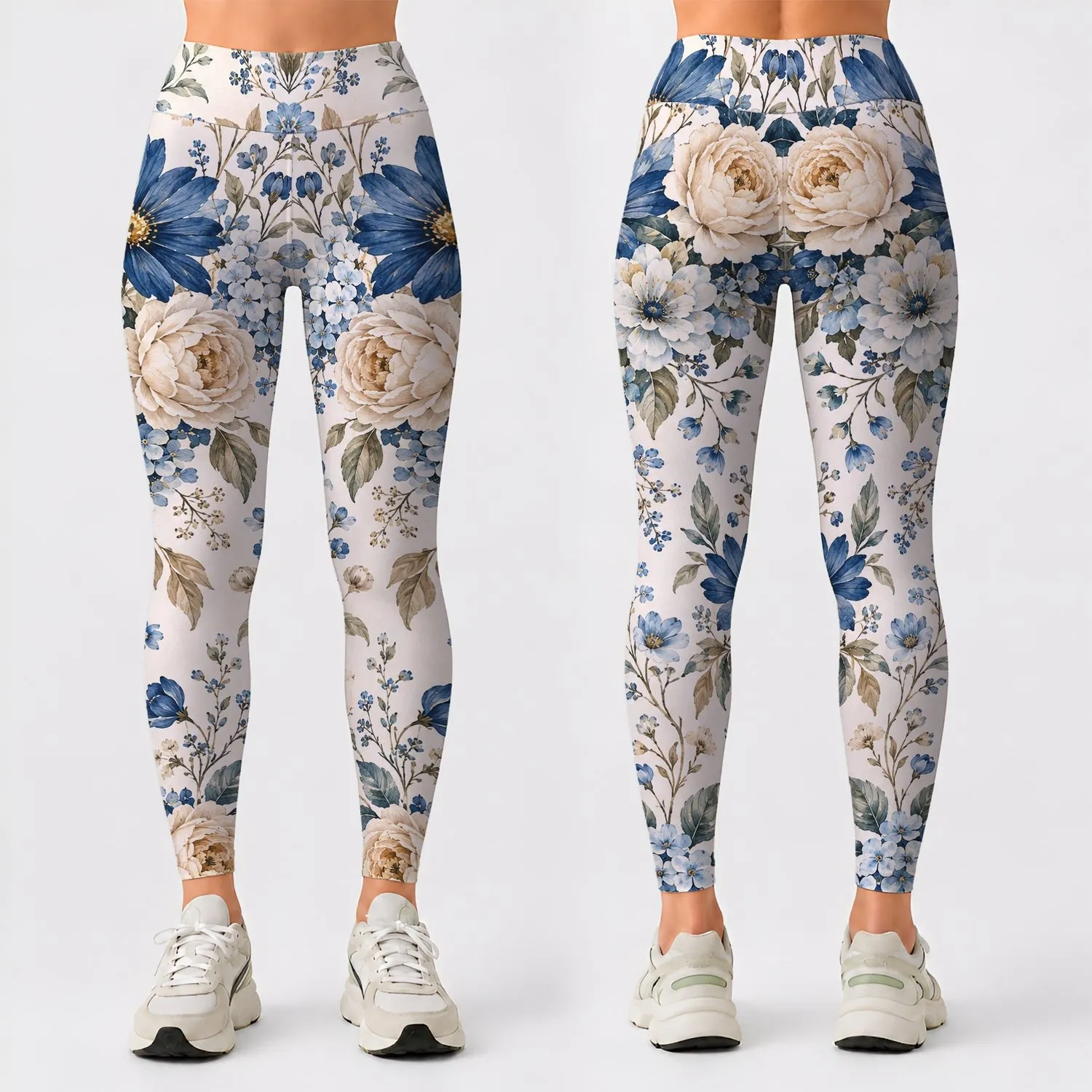 Blue And Ivory Wildflower Sprigs For Coastal Escapes And Relaxed Everyday Style Wear Leggings - 1