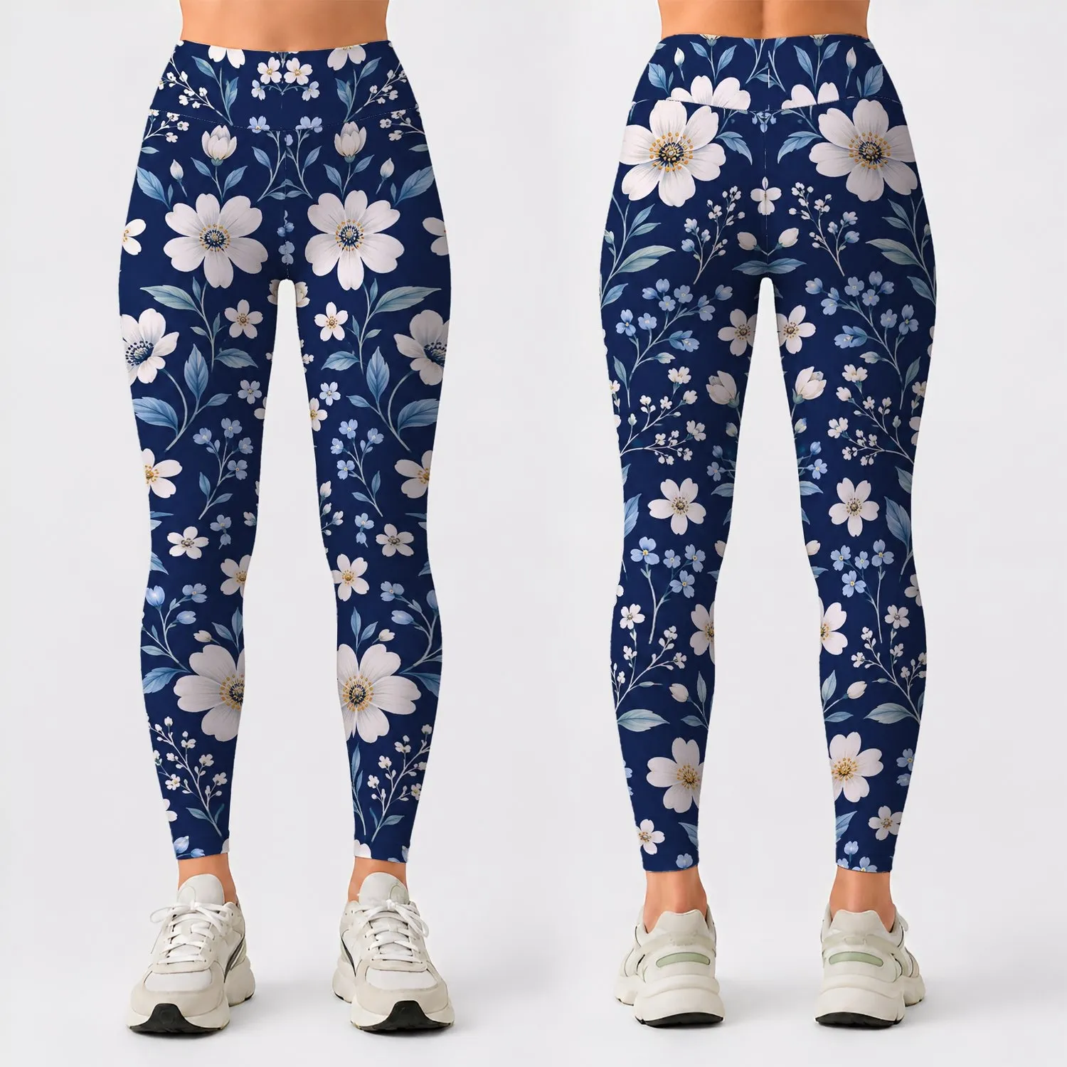 Ivory Daisy Blooms on Deep Navy for Breezy Spring and Summer Coastal Garden Outings Leggings - 1