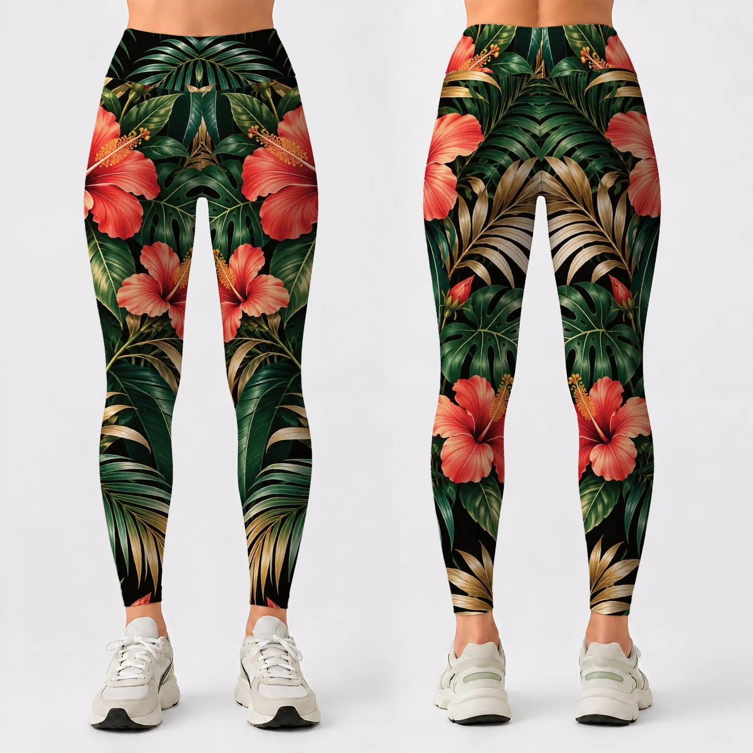 Tropical Palm Fronds and Hibiscus for Beach Days and Relaxed Summer Outings Leggings - 1