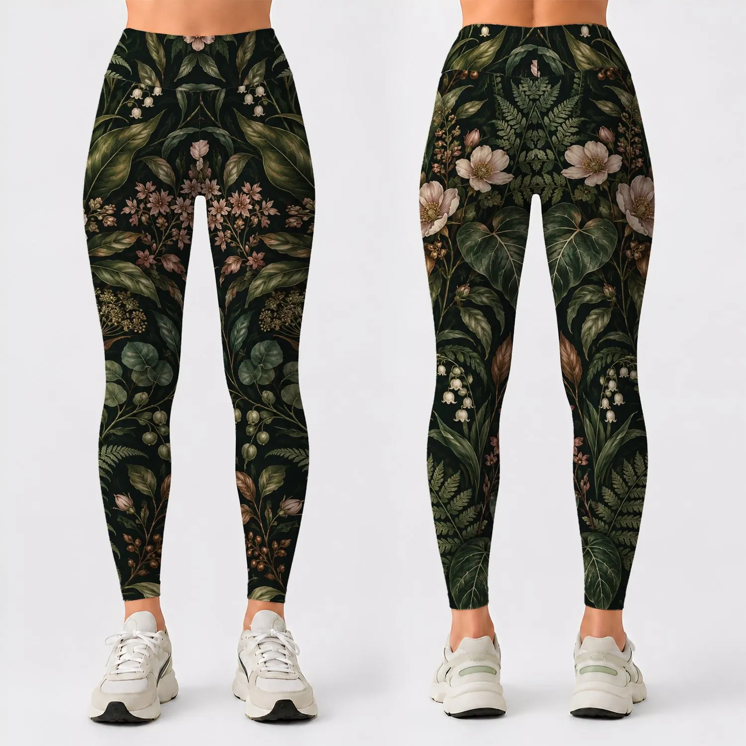 Olive Ferns and Copper Wildflowers for Beach Days and Warm Weather Island Getaways Leggings - 1