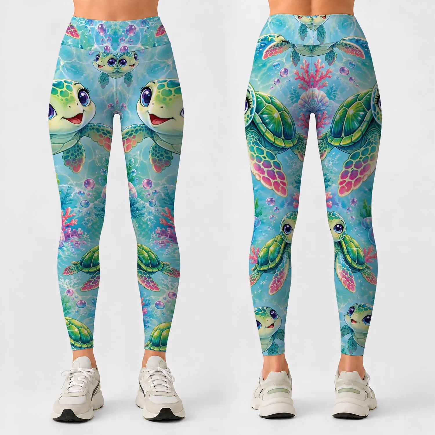 Cute Sea Turtles And Coral For Cheerful Beach Days And Tropical Getaways Leggings - 1