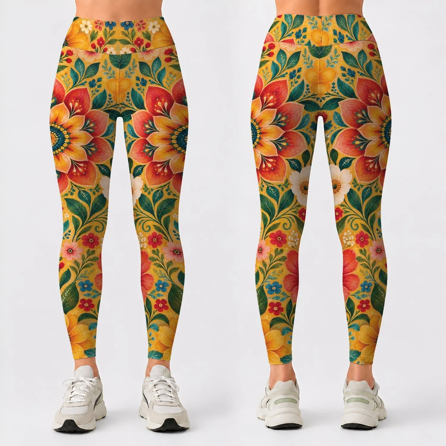 Colorful Folk Floral Blooms for Sunny Getaways and Everyday Spring Style Leggings - 1