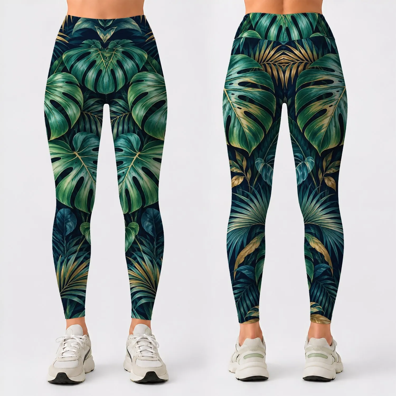 Navy Monstera Tropical Foliage for Beach Travel and Relaxed Summer Getaways Leggings - 1